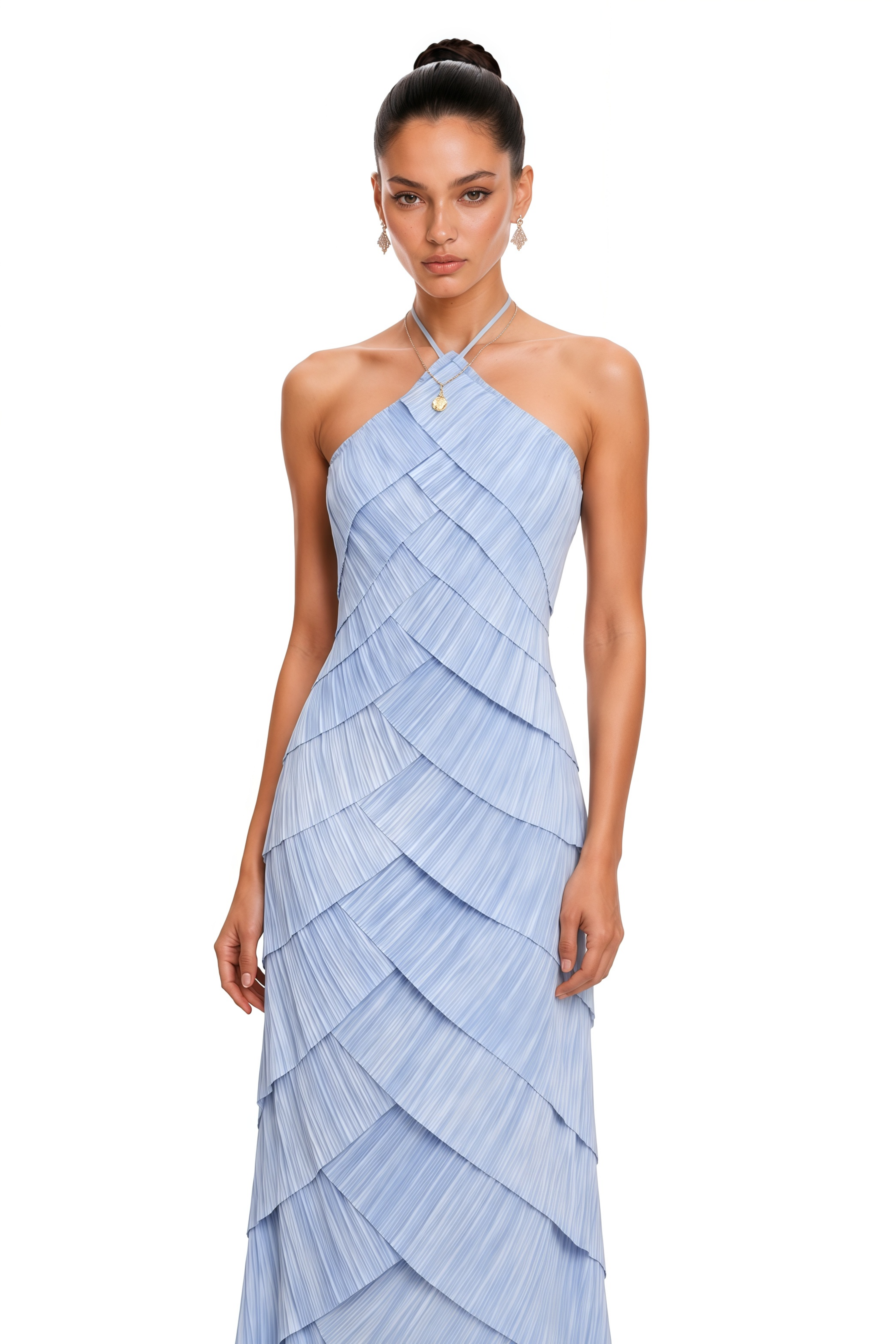 Robe longue plissée à col licou Mara Blue