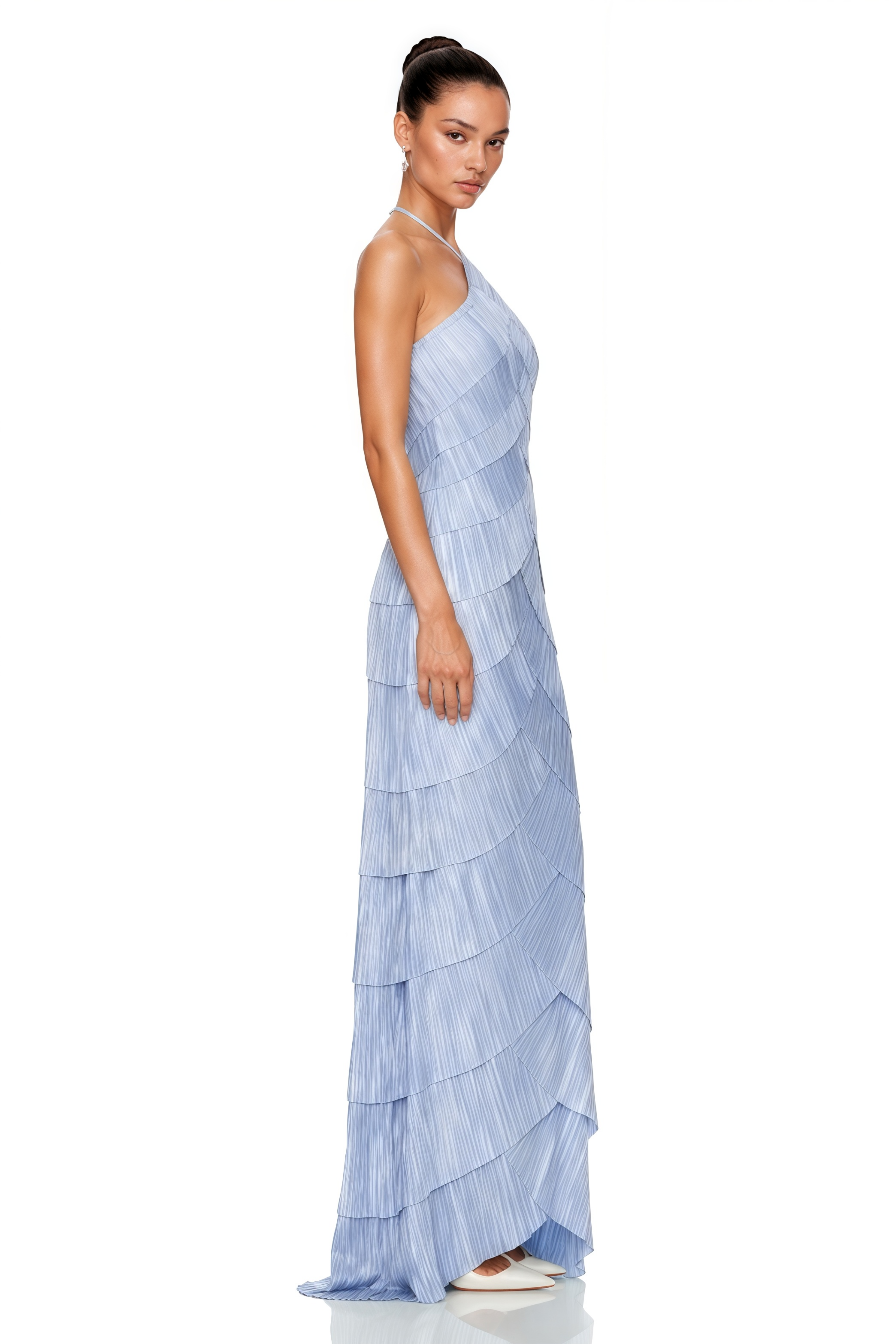 Robe longue plissée à col licou Mara Blue