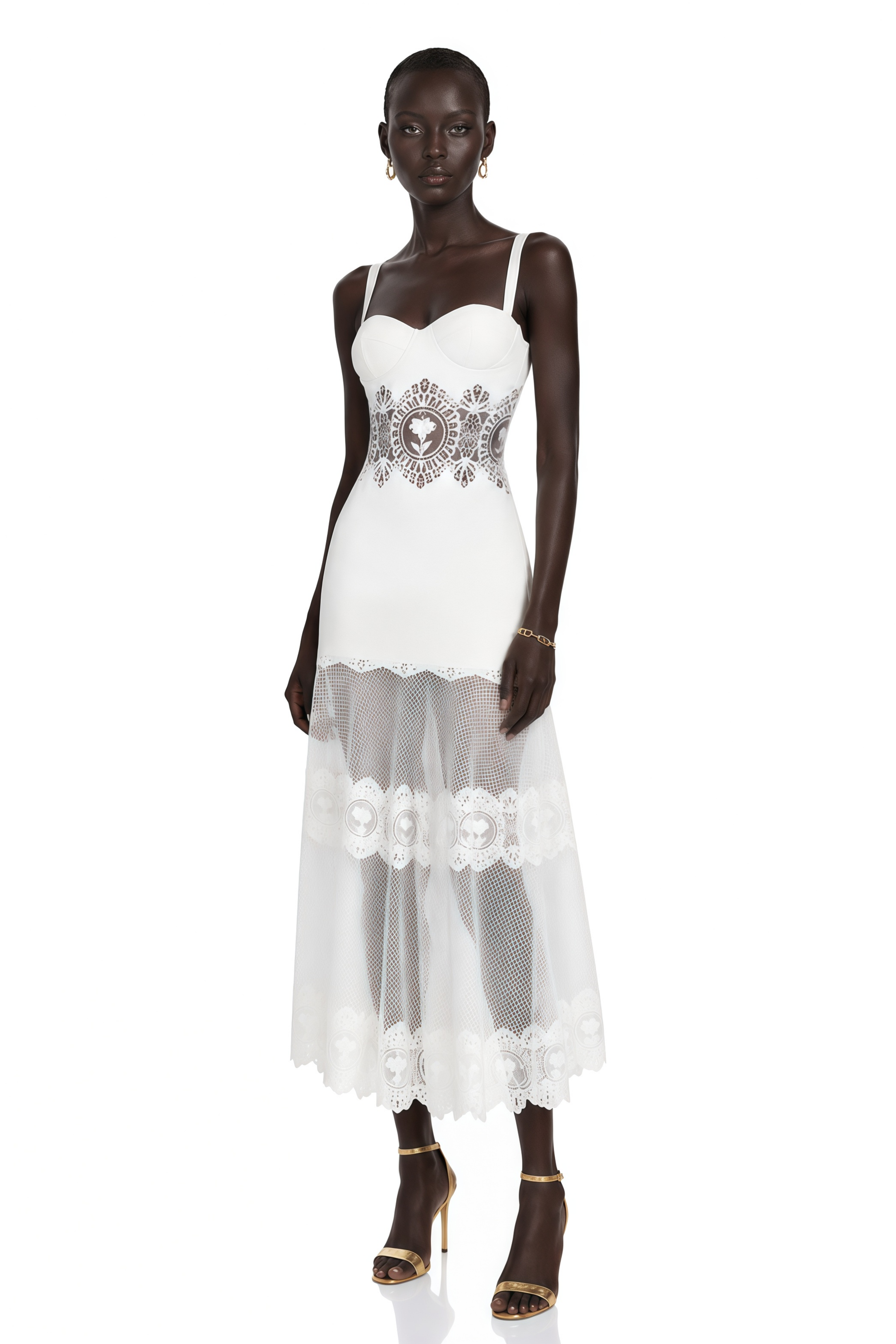 Marceline White Lace Corset Midi Dress