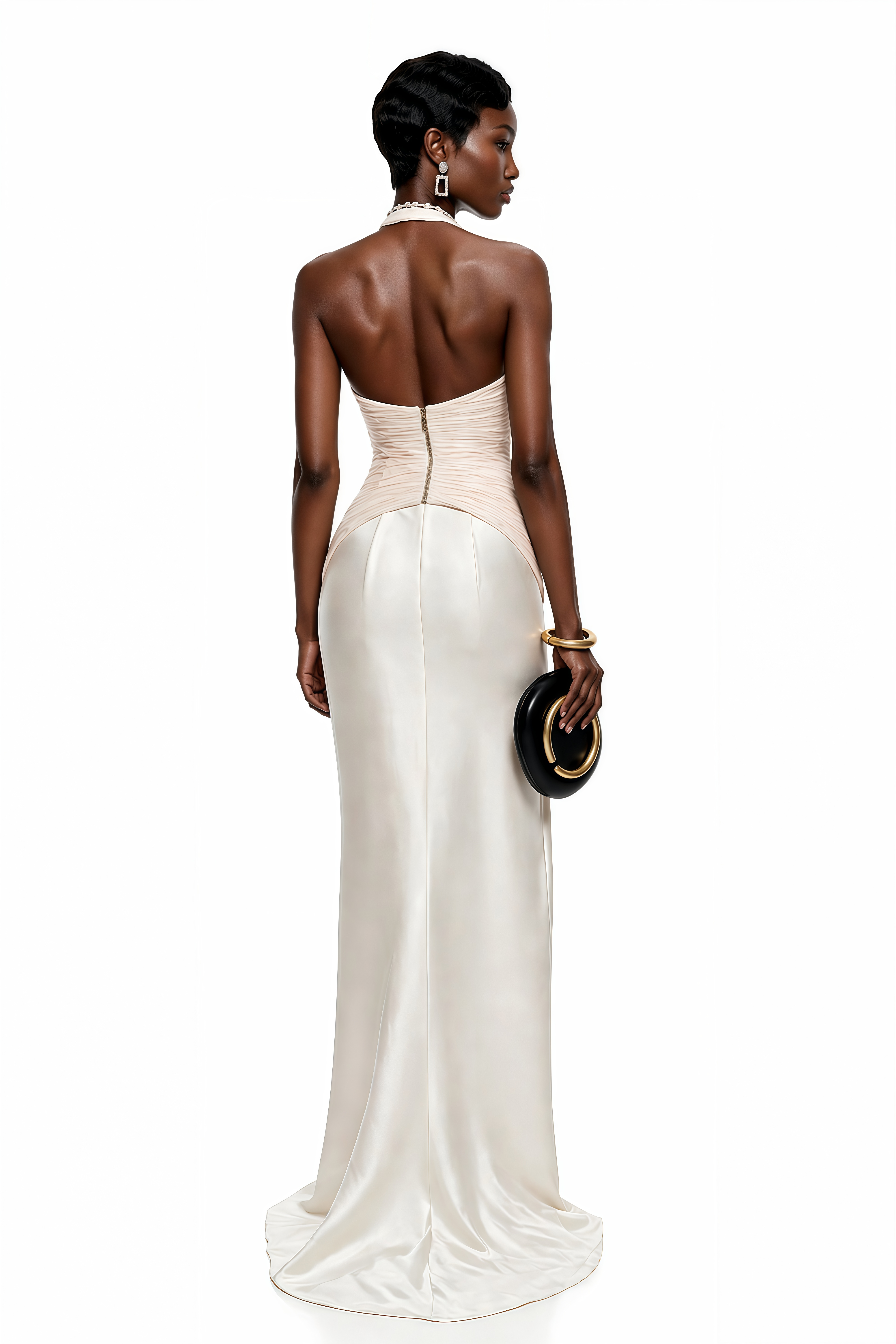 Ivory halter gown with a pleated V-neck bodice