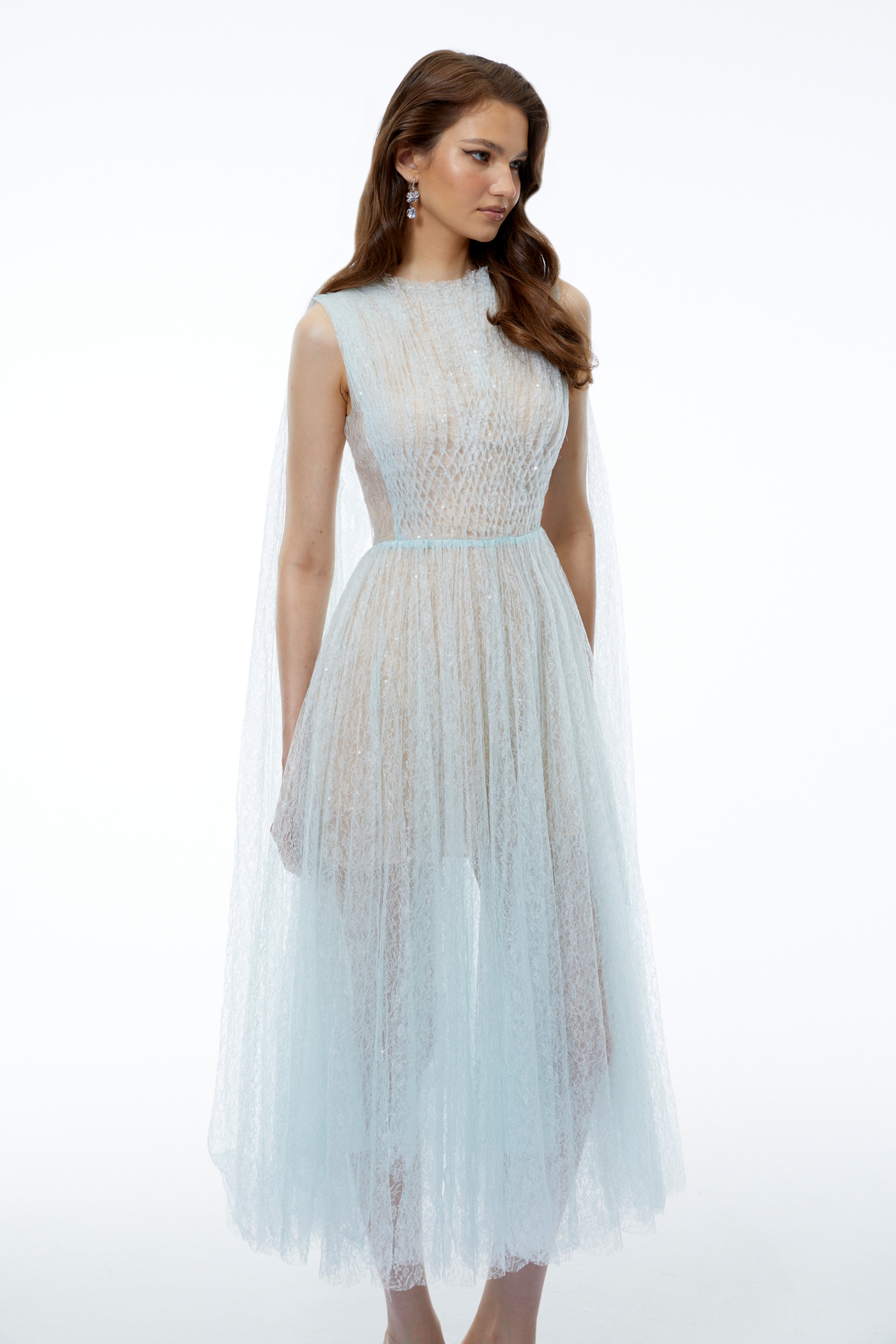 Margareta Ice Blue High Neck Ruched Midi Dress (Final Sale)