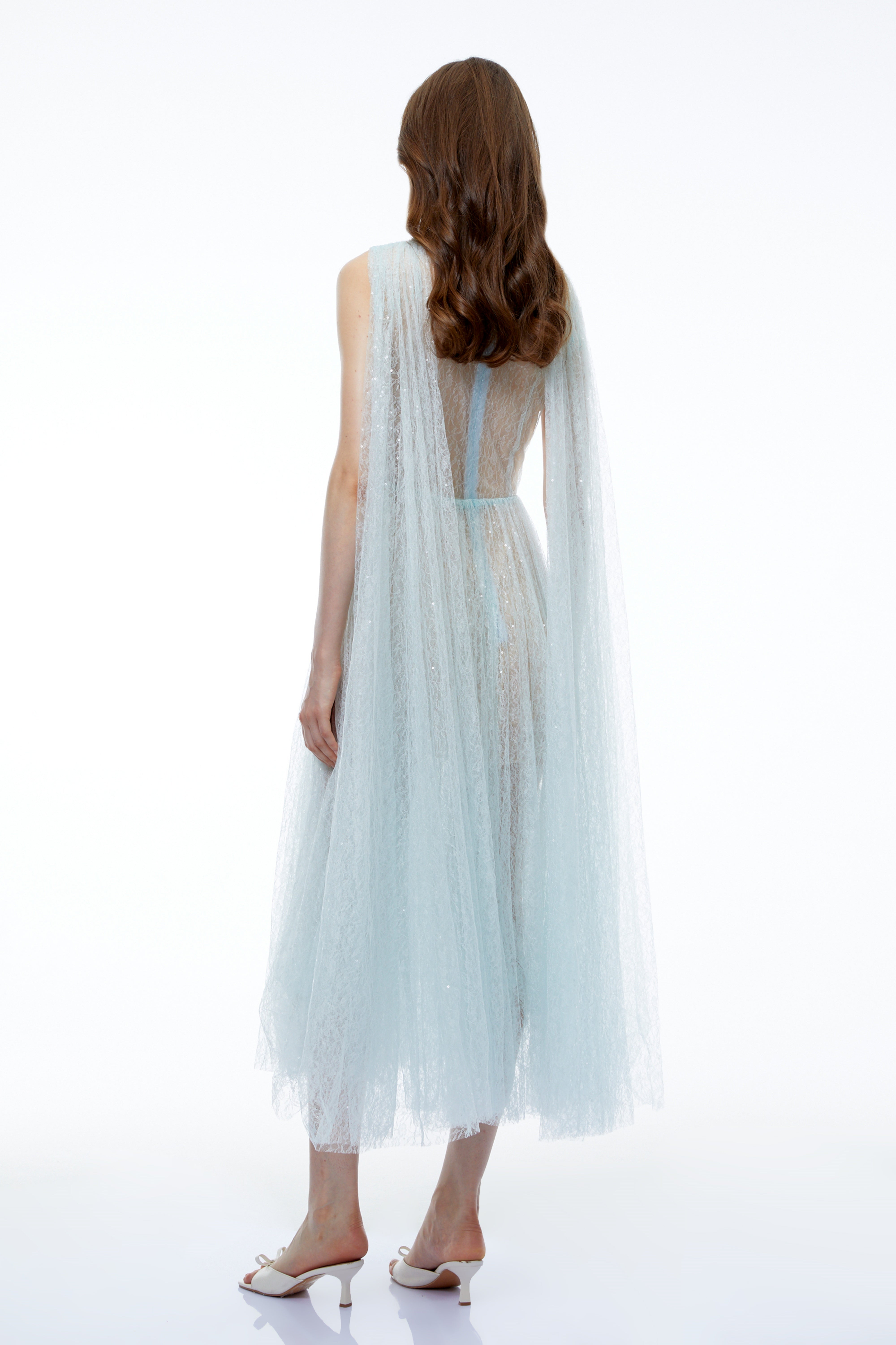 Margareta Ice Blue High Neck Ruched Midi Dress (Final Sale)