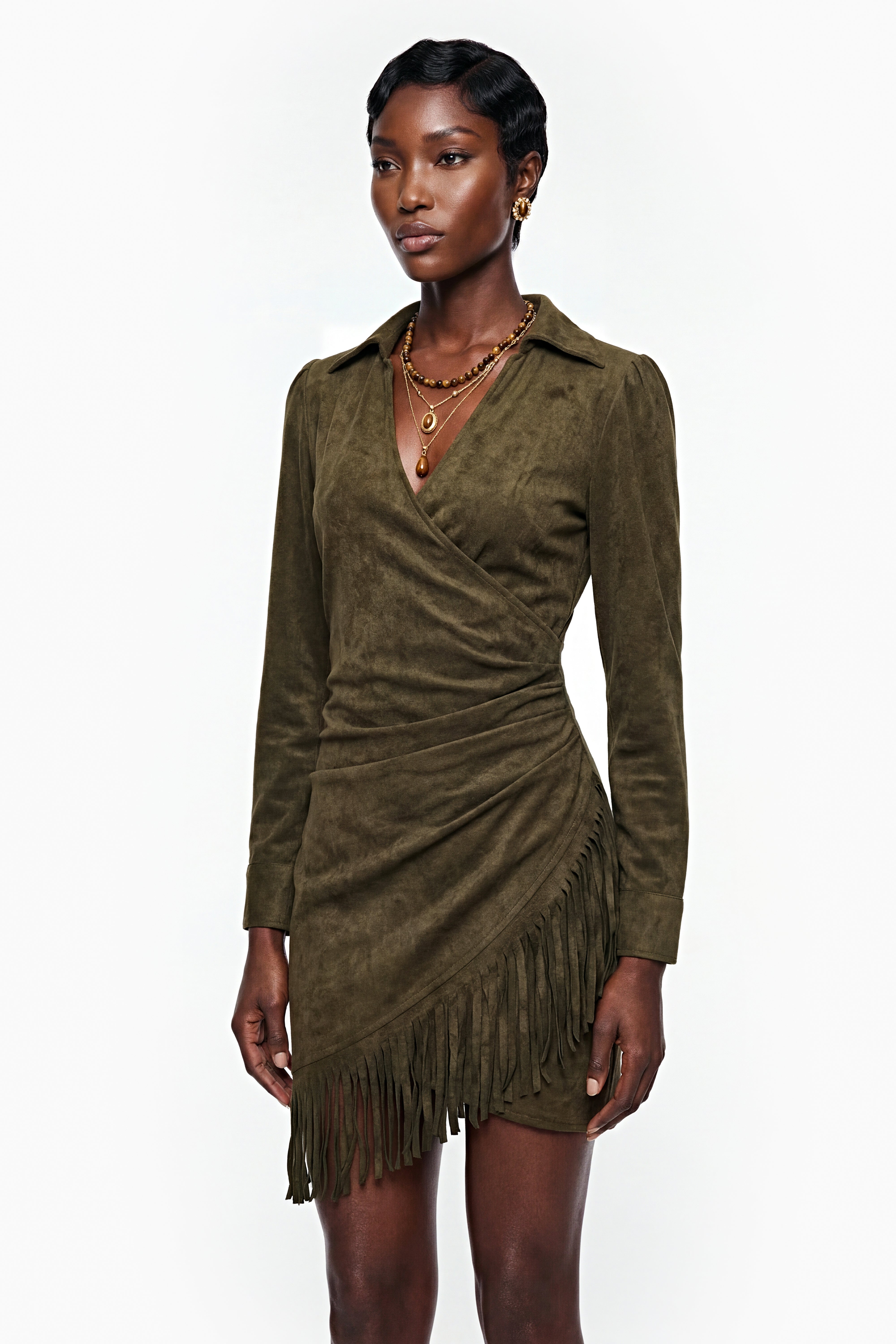 Mini-robe « Margarete » en simili-daim vert à franges (vente définitive)