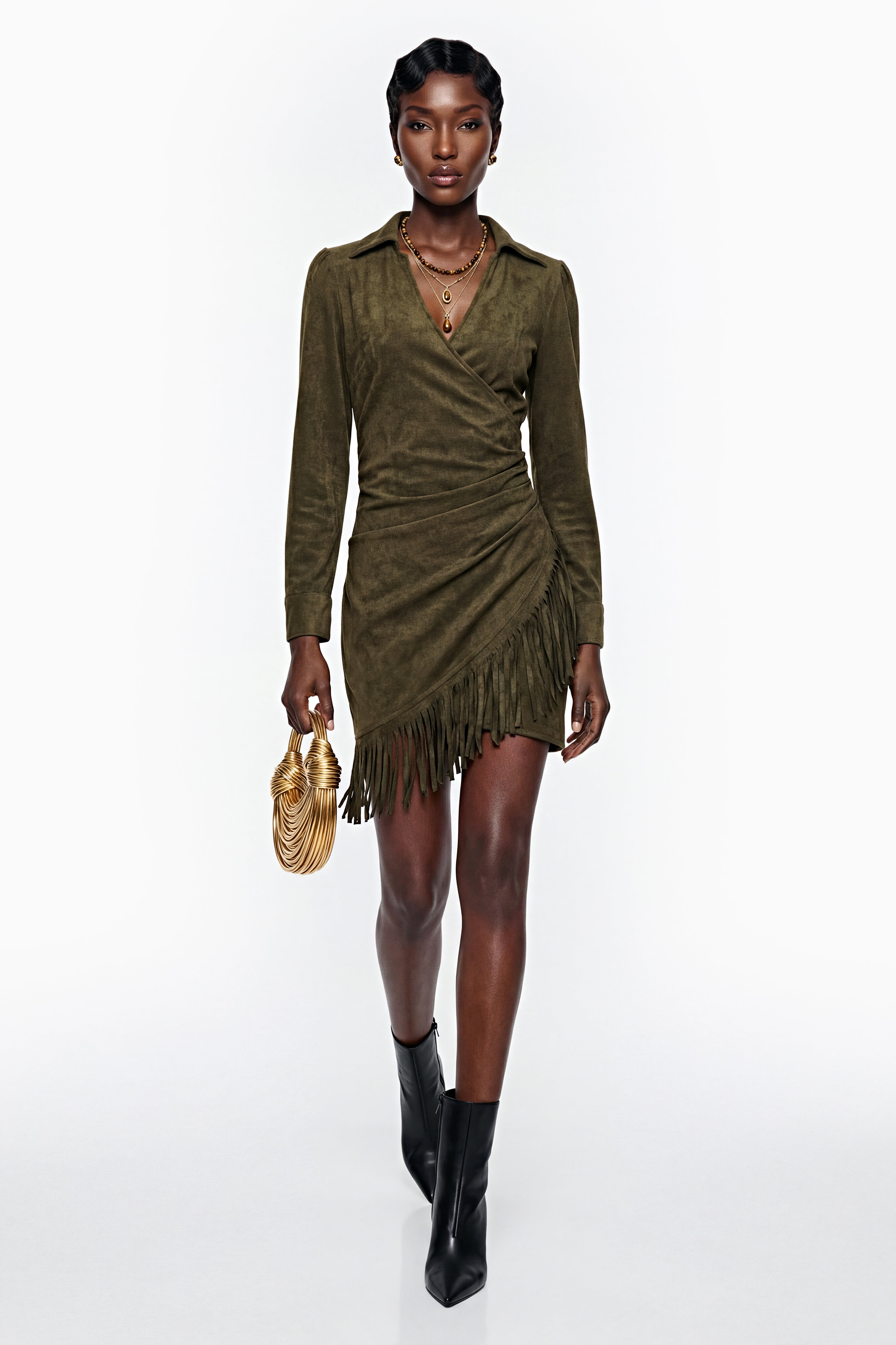Mini-robe « Margarete » en simili-daim vert à franges (vente définitive)