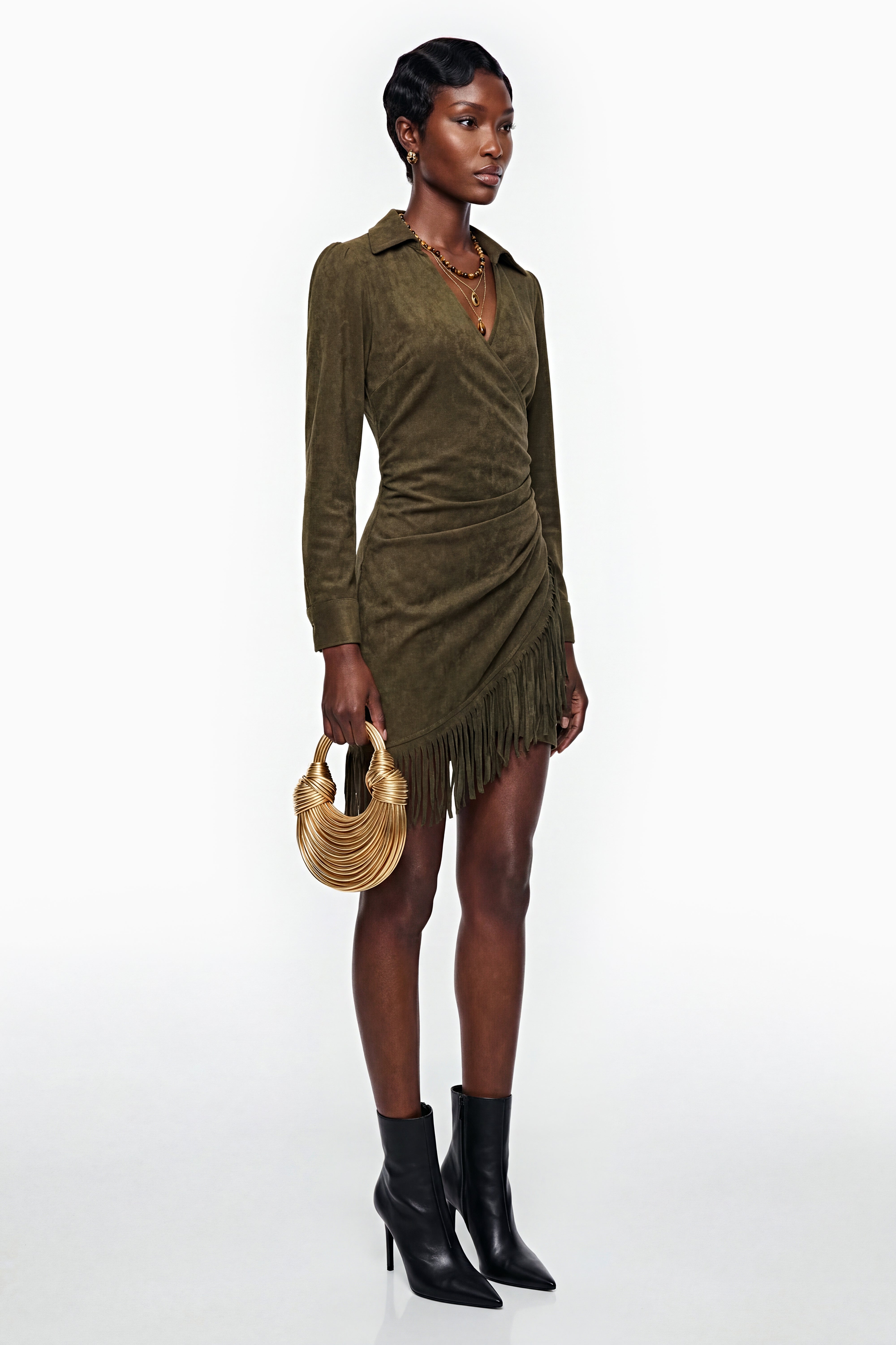 Margarete Green Faux Suede Mini Dress with Fringe (Final Sale)