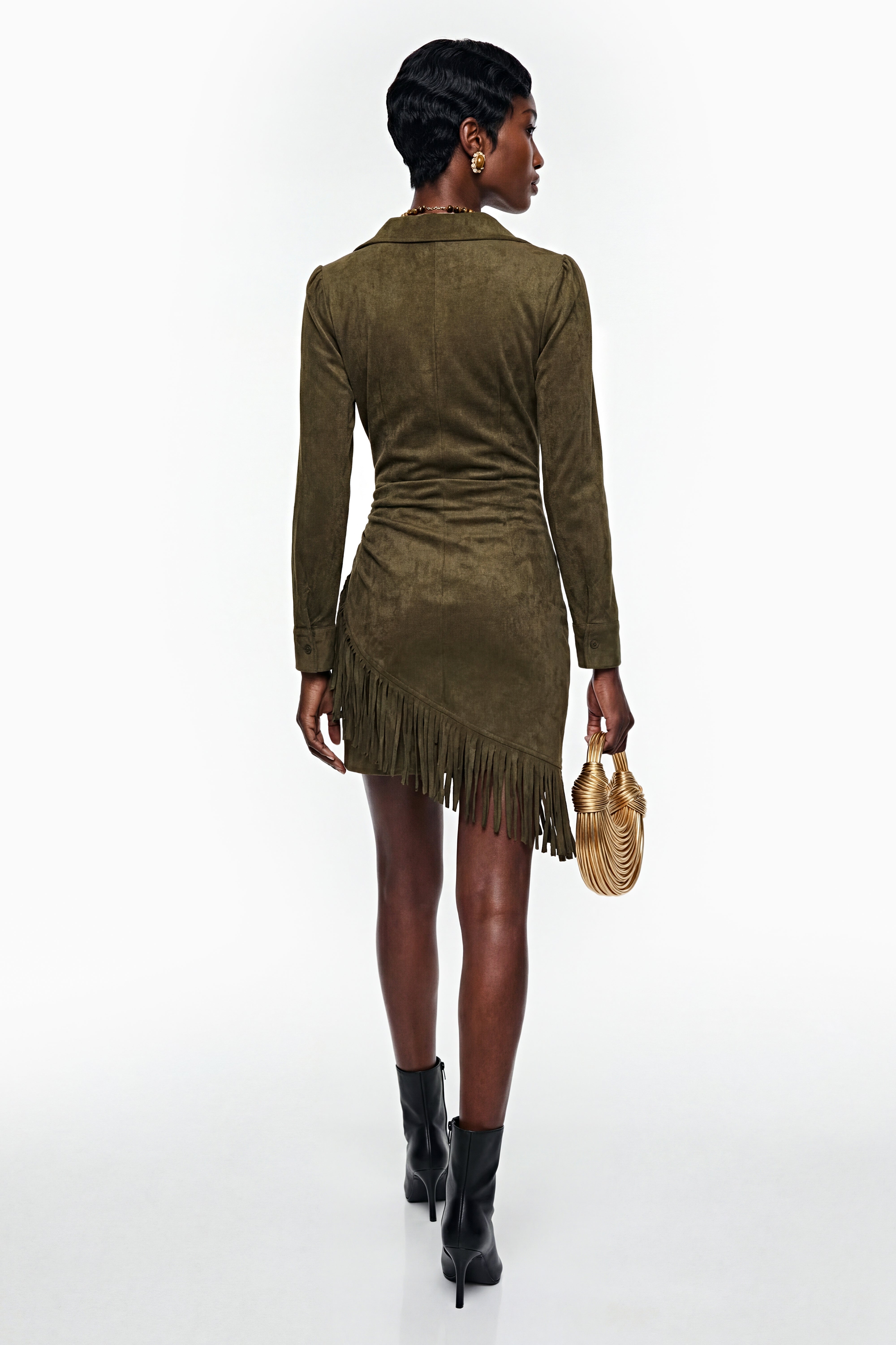 Mini-robe « Margarete » en simili-daim vert à franges (vente définitive)