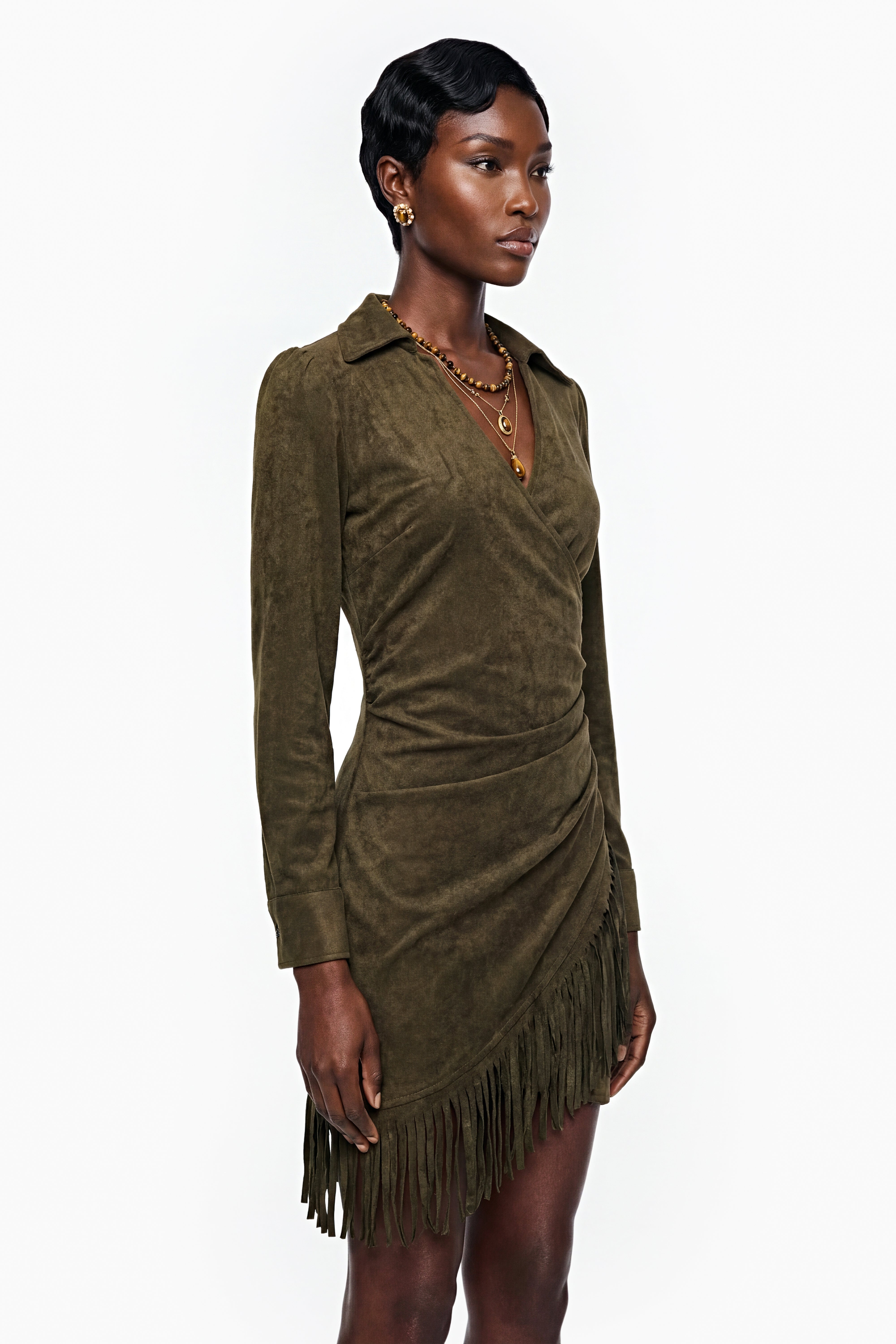 Mini-robe « Margarete » en simili-daim vert à franges (vente définitive)