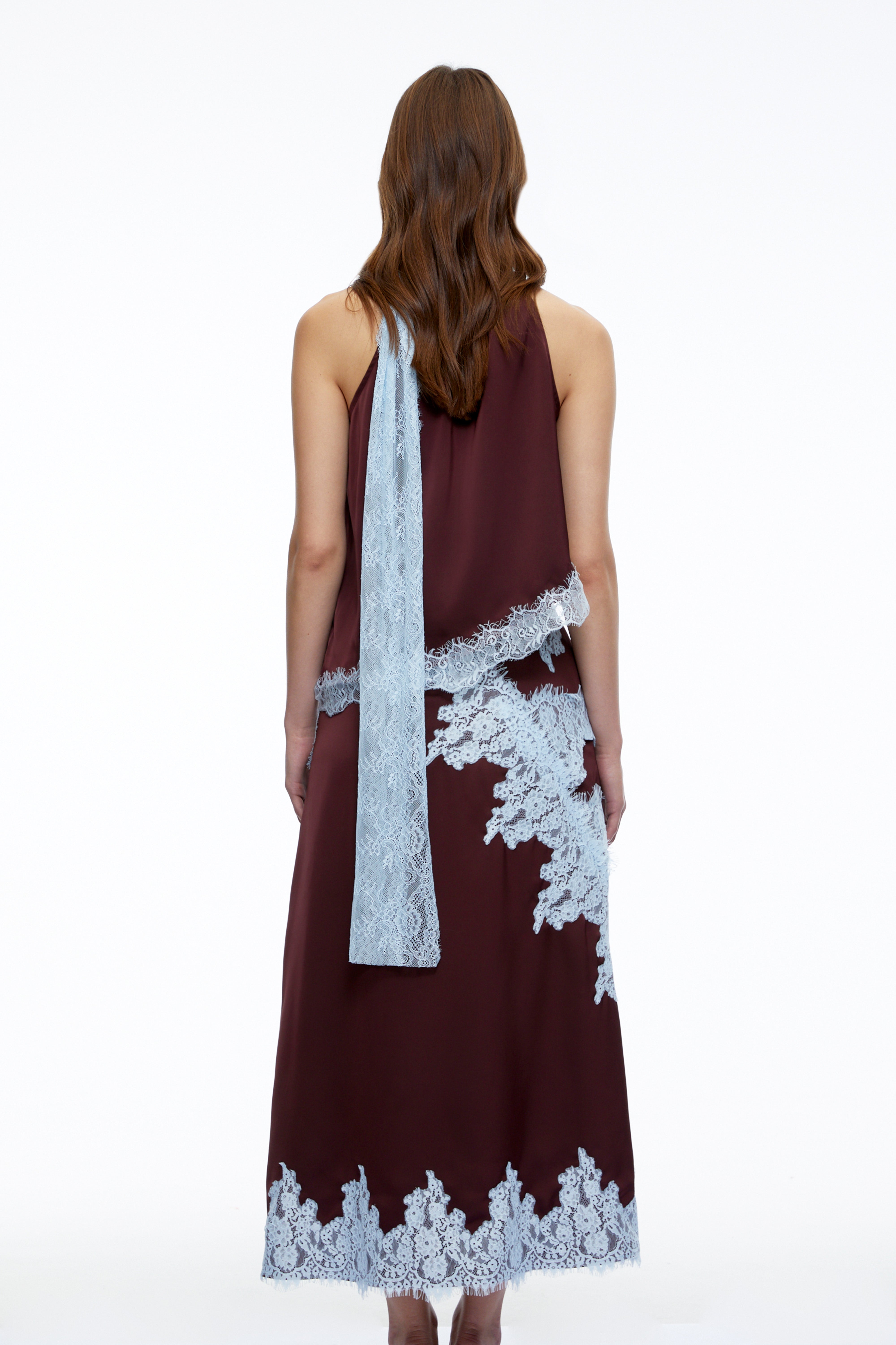 Ensemble haut et jupe en satin avec bordure en dentelle Maribel Brown
