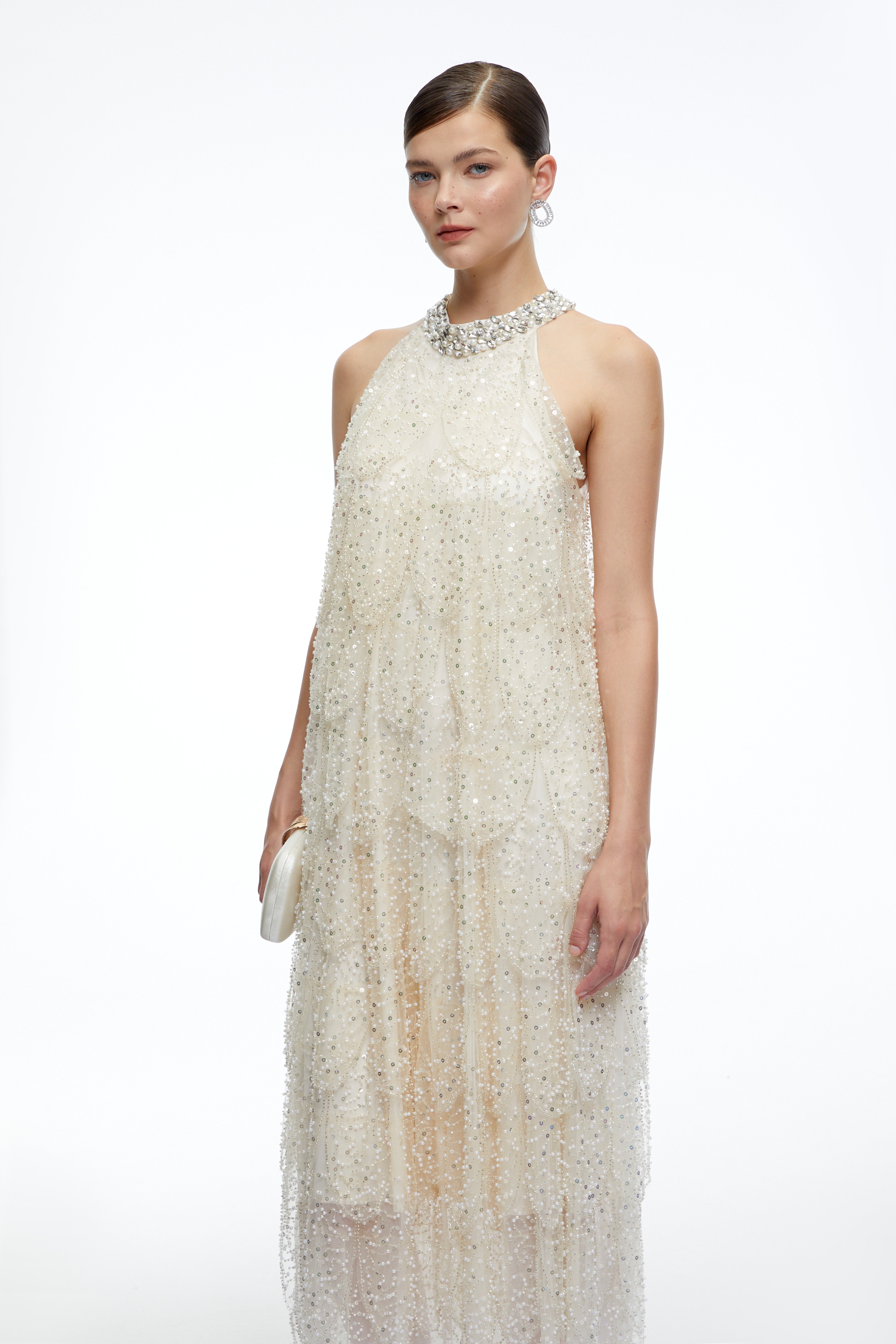 Maribel Crystal-Collar Embellished Midi Dress