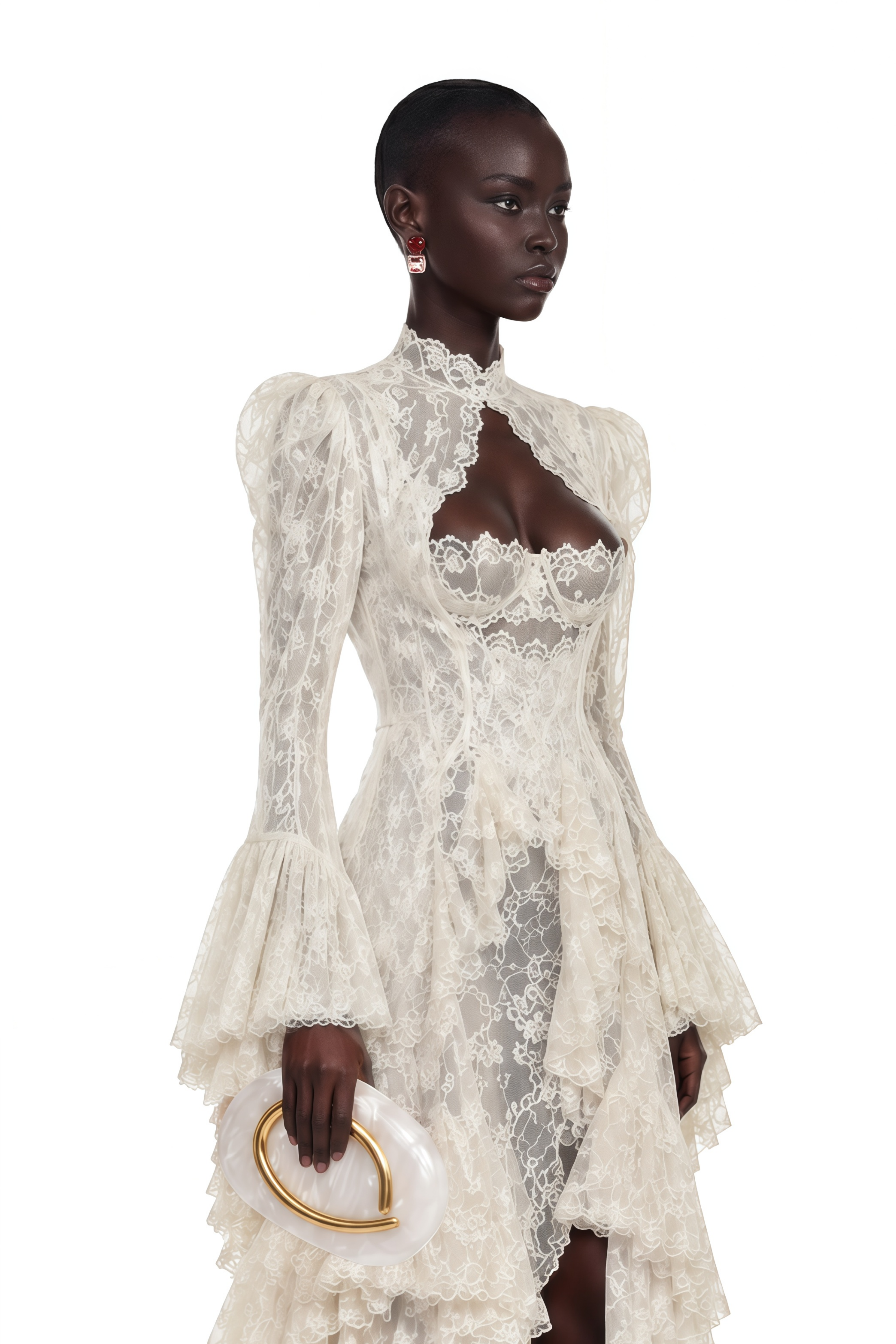 Cream lace high-low gown with a cutout bodice, high neck, and ruffled tiered skirt