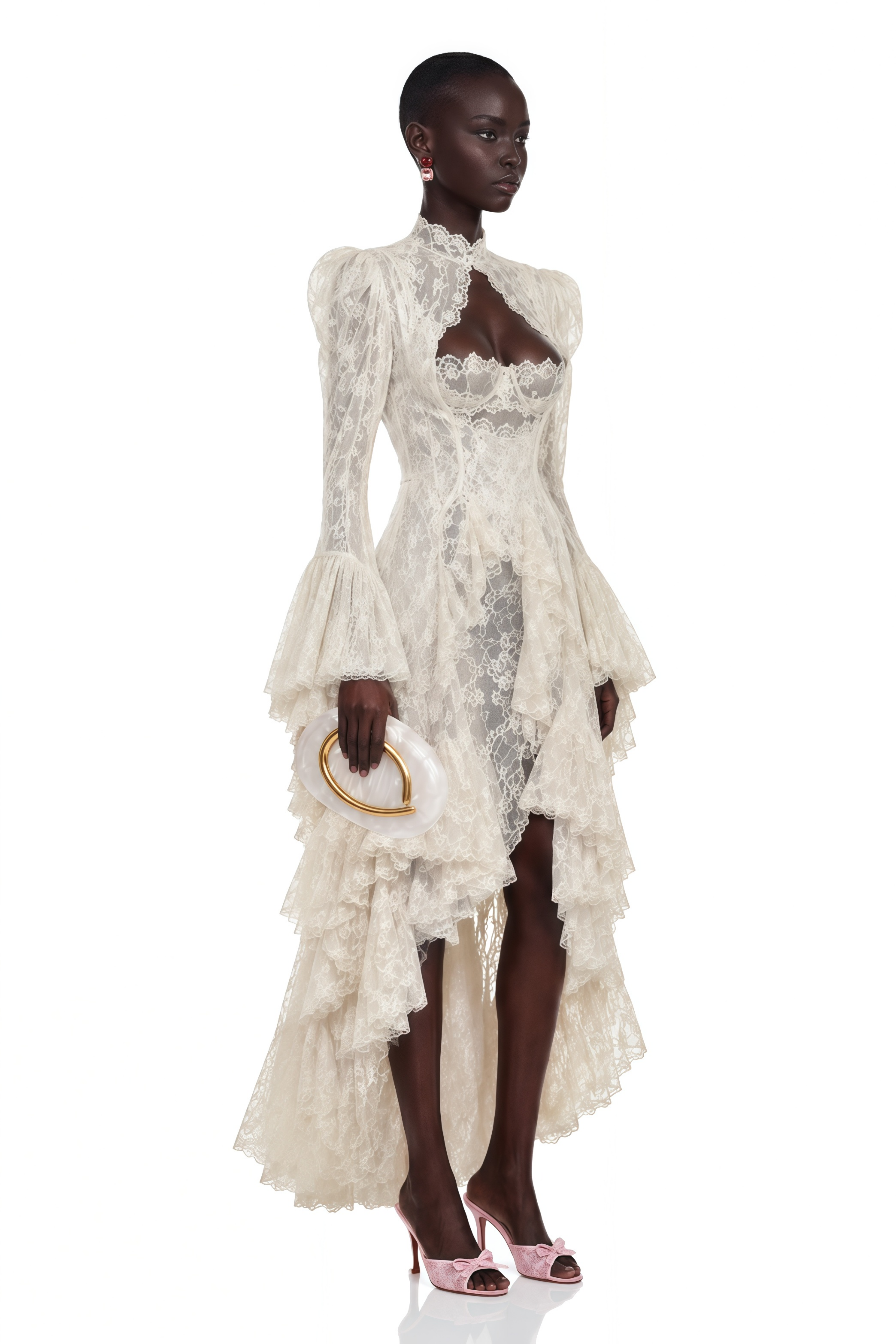 Cream lace high-low gown with a cutout bodice, high neck, and ruffled tiered skirt