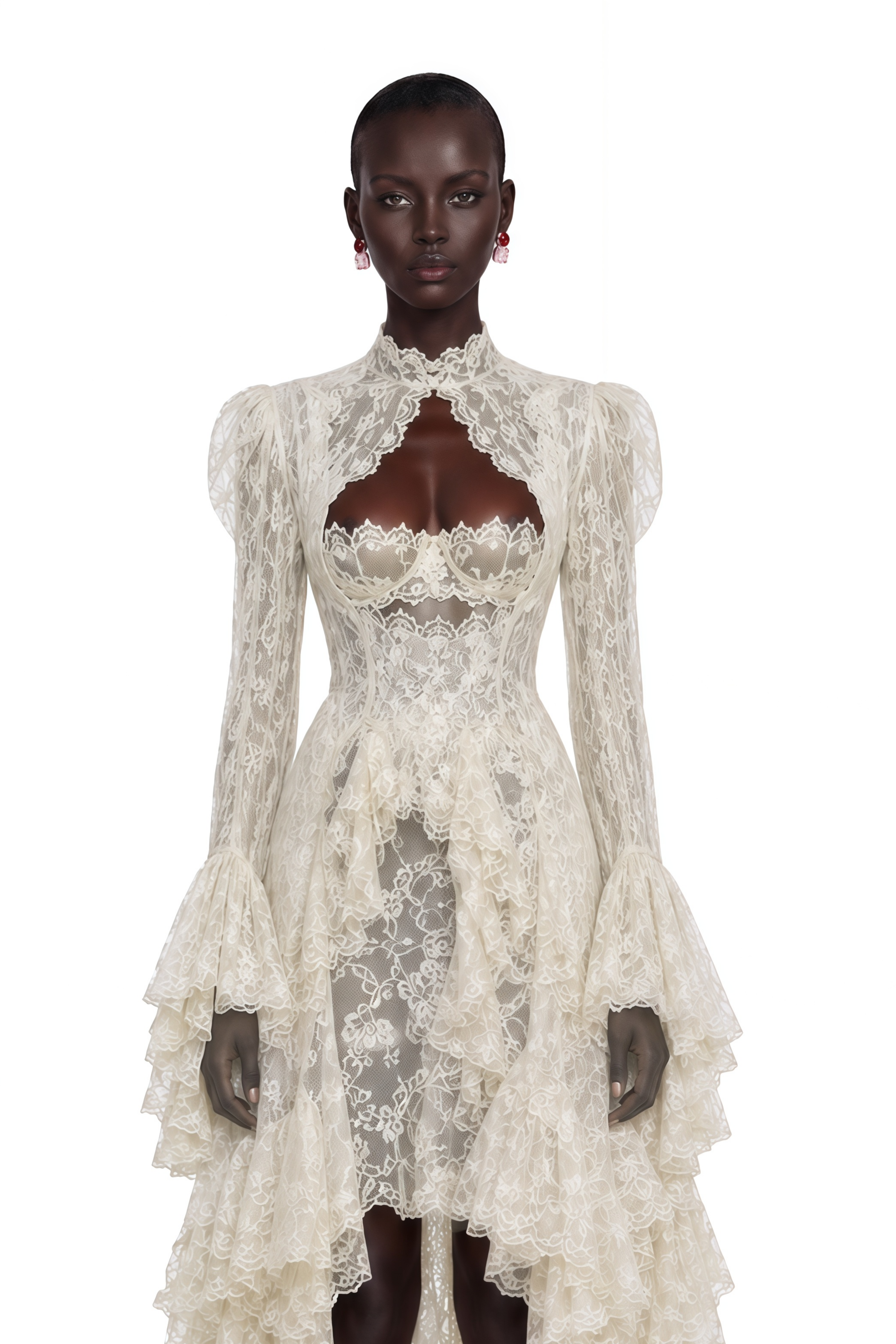 Cream lace high-low gown with a cutout bodice, high neck, and ruffled tiered skirt