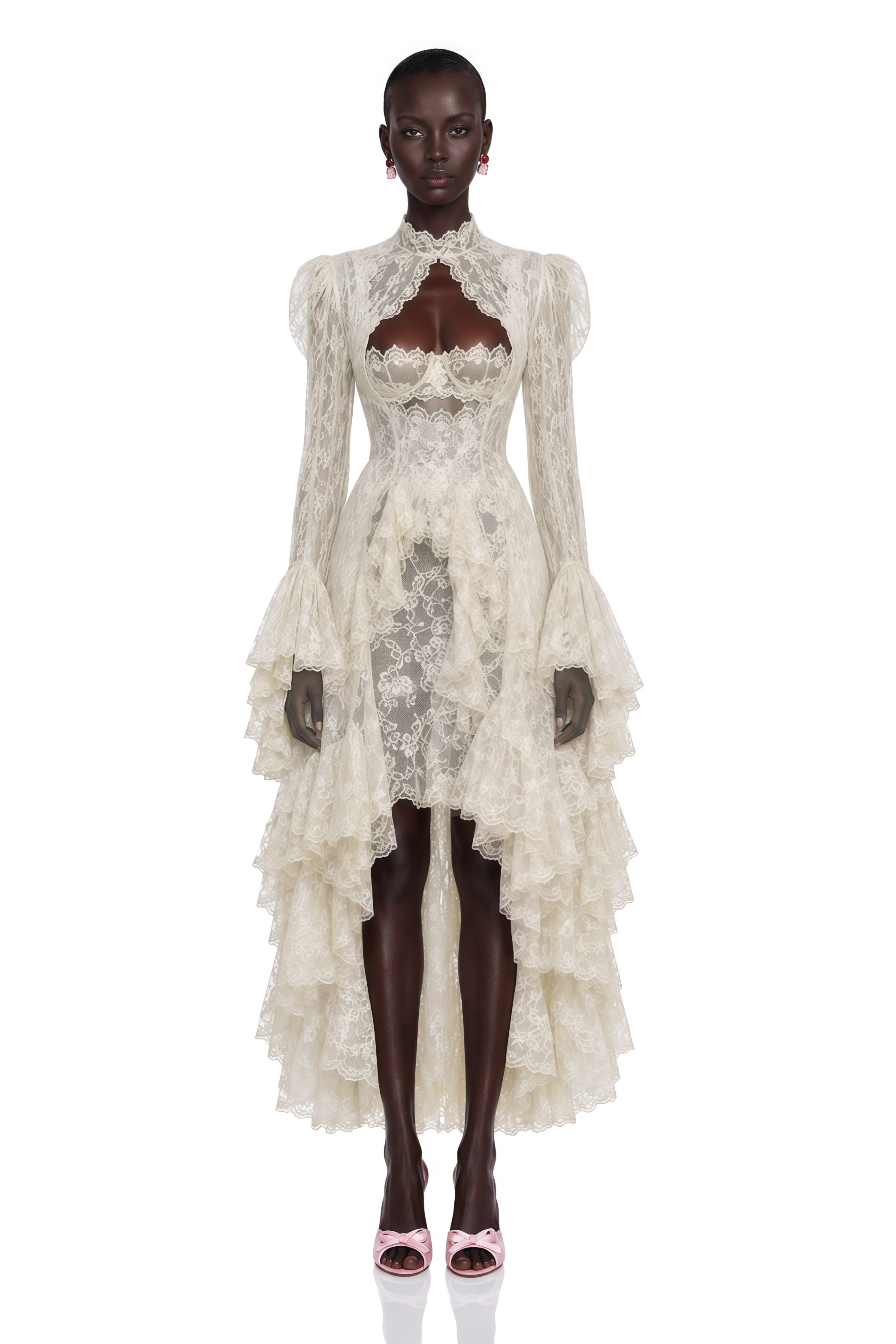 Cream lace high-low gown with a cutout bodice, high neck, and ruffled tiered skirt