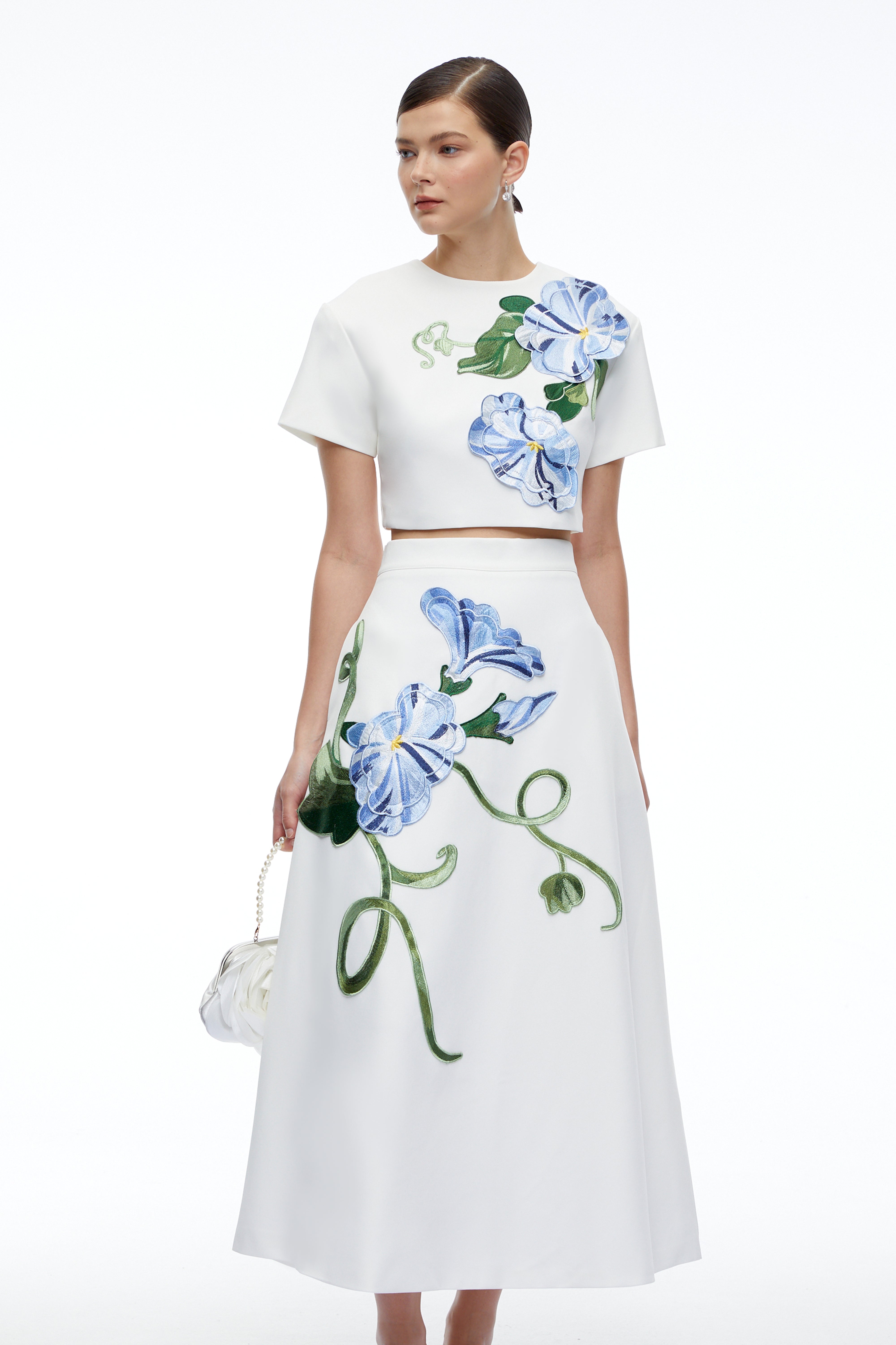 Marietta White Floral Applique Crop Top & Skirt Set
