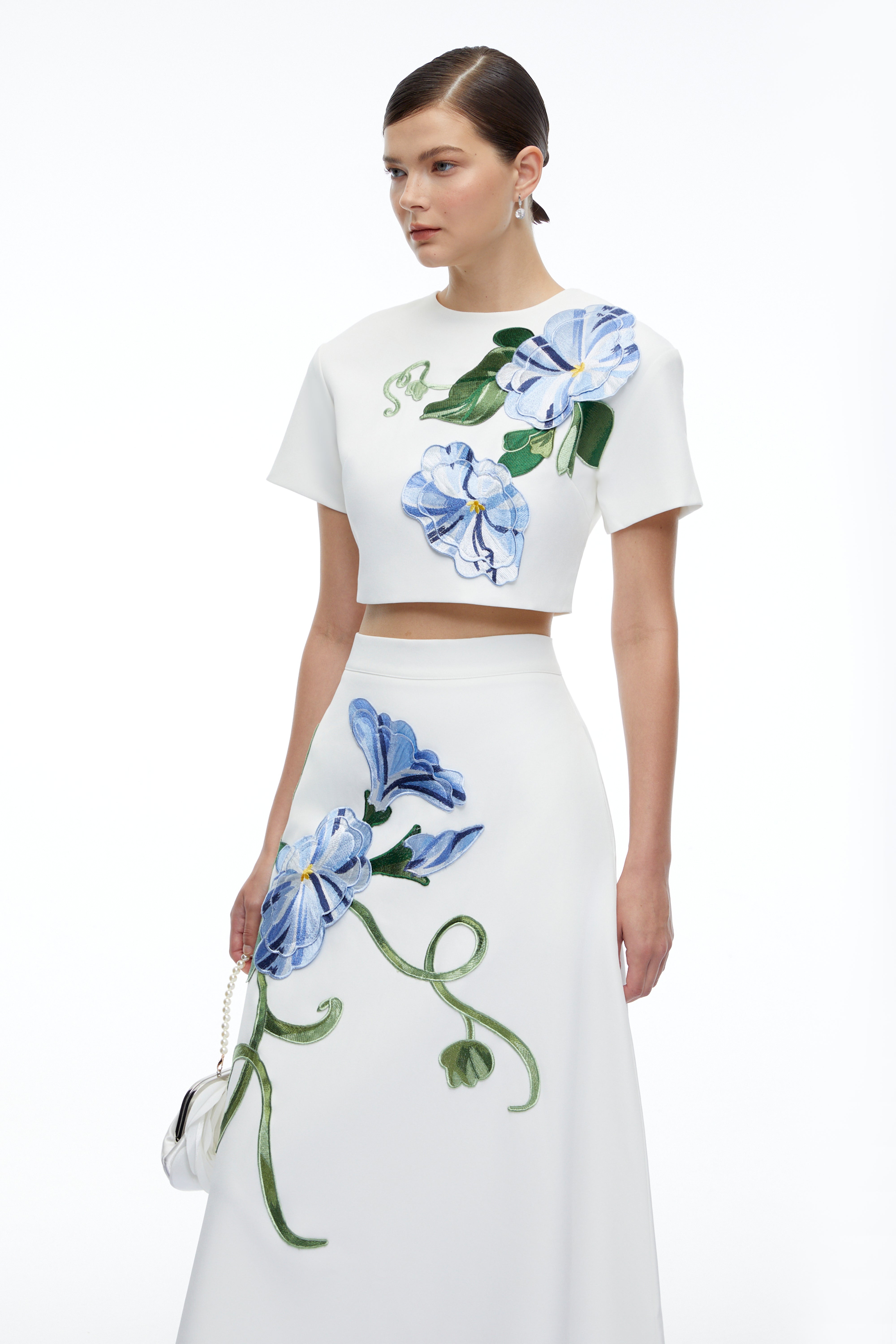 Marietta White Floral Applique Crop Top & Skirt Set