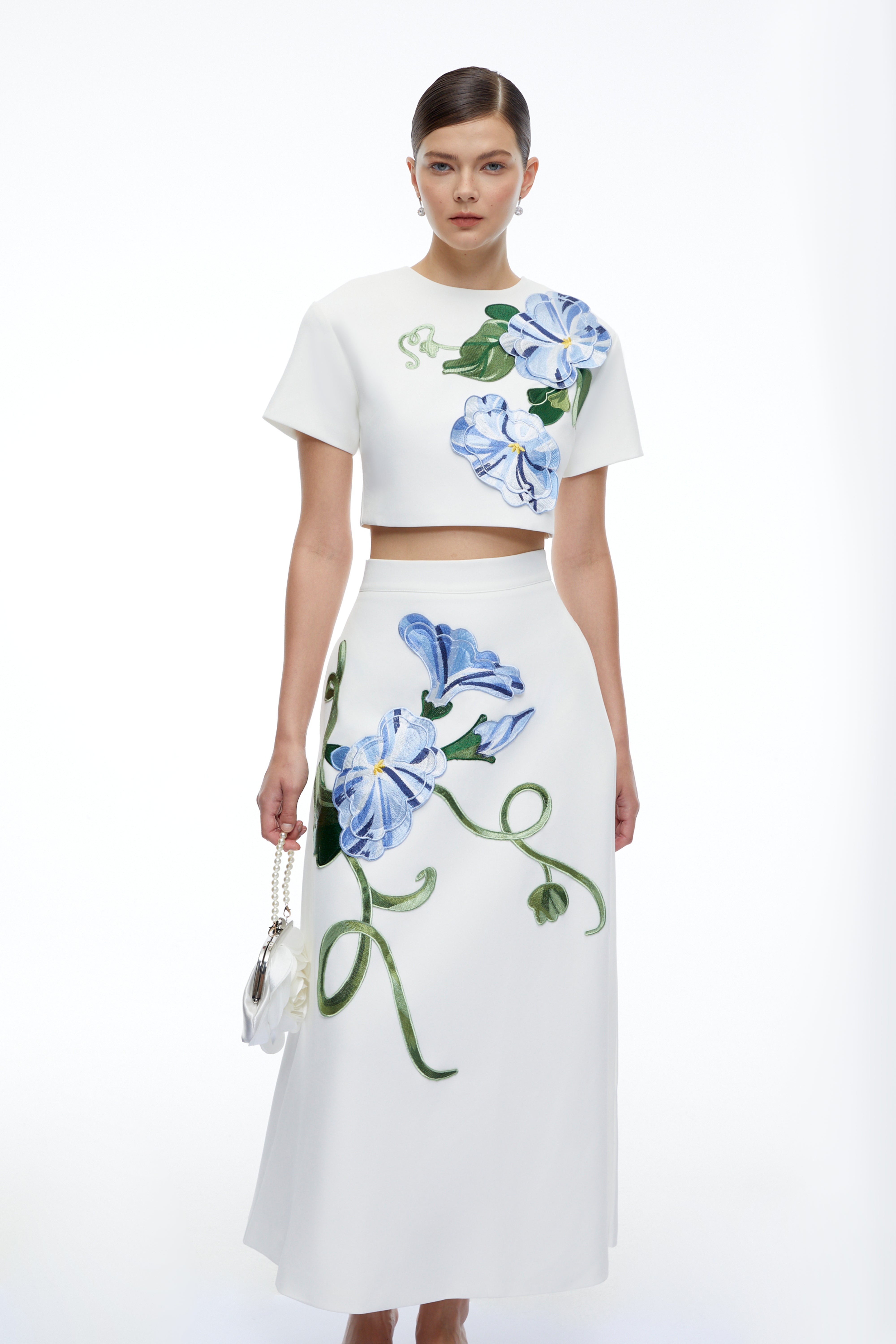 Marietta White Floral Applique Crop Top & Skirt Set