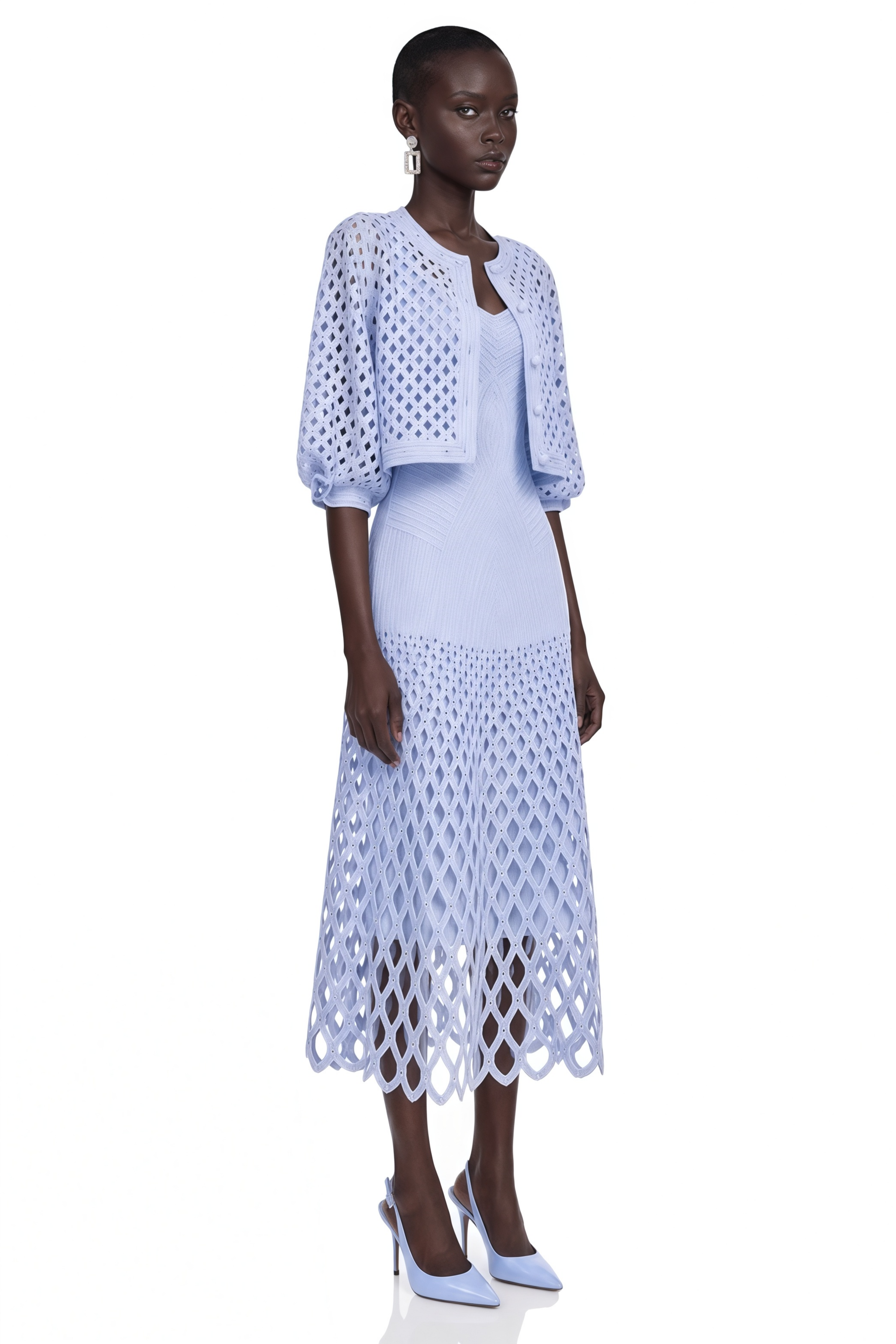 Marilyn Light Blue Midi Dress & Cape Set with Cut-Outs