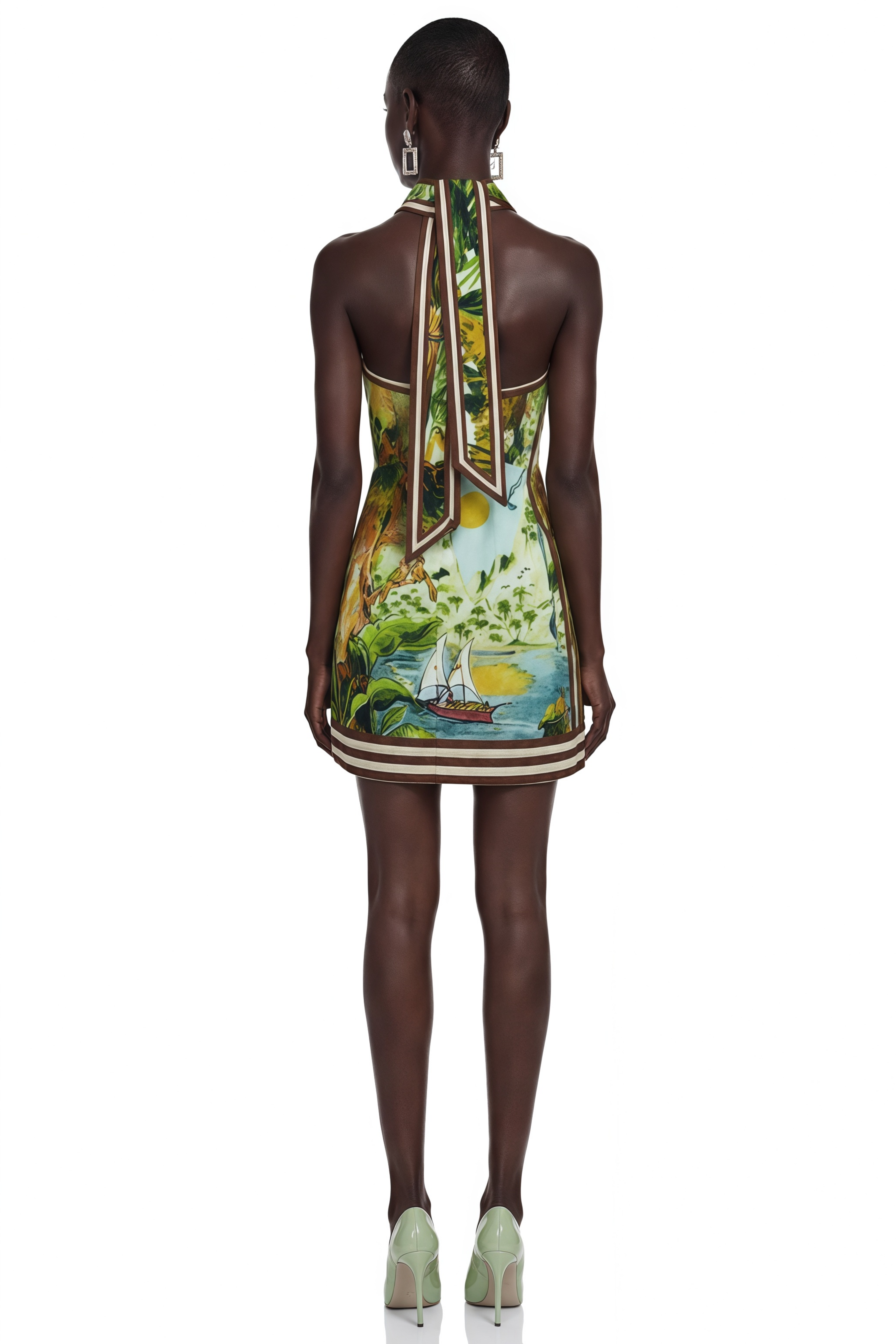 Marina Green Scenic Print Halter Mini Dress
