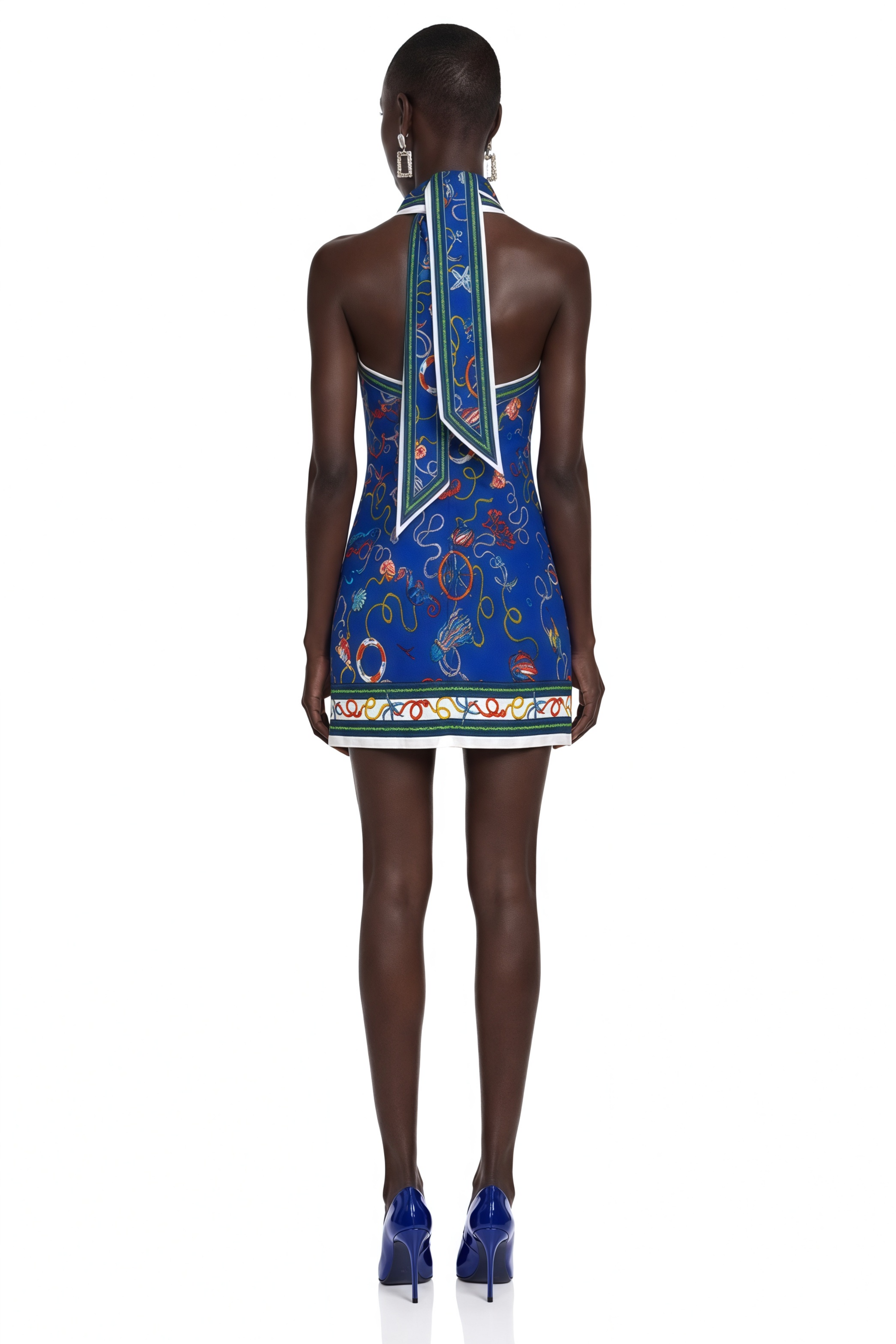 Marina Navy Blue Scenic Print Halter Mini Dress