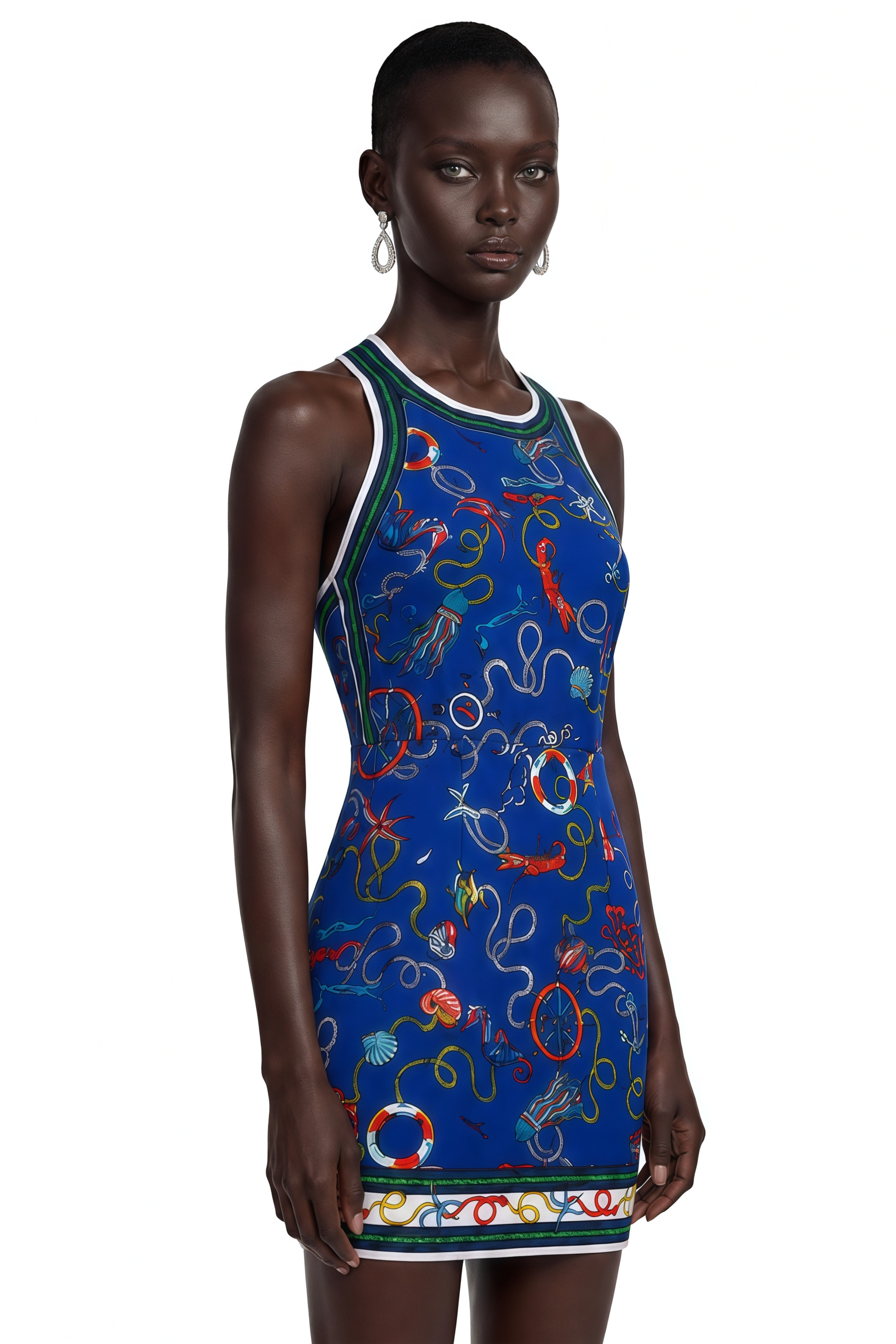 Marina Navy Blue Scenic Print Halter Mini Dress