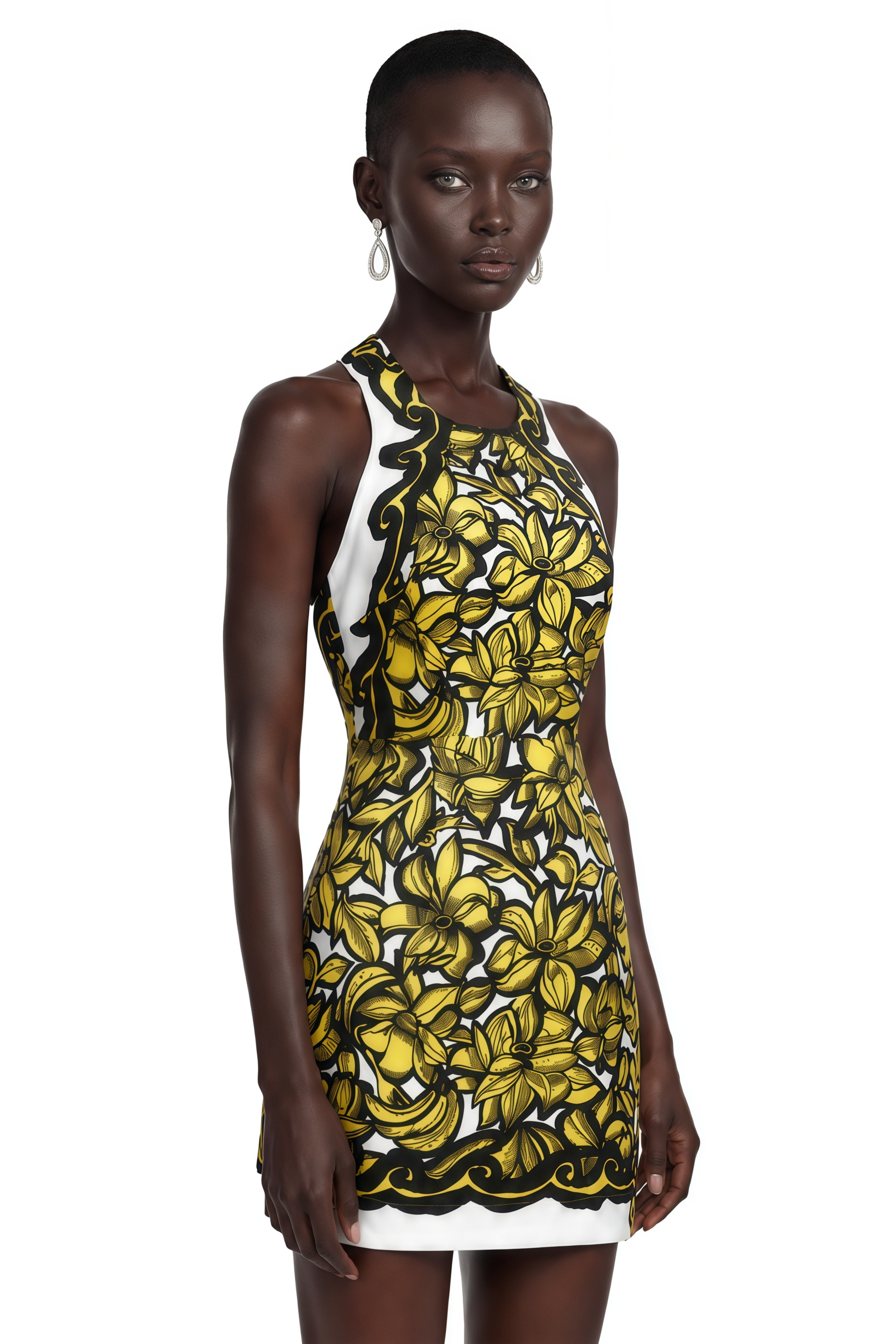 Marina Yellow Scenic Print Halter Mini Dress