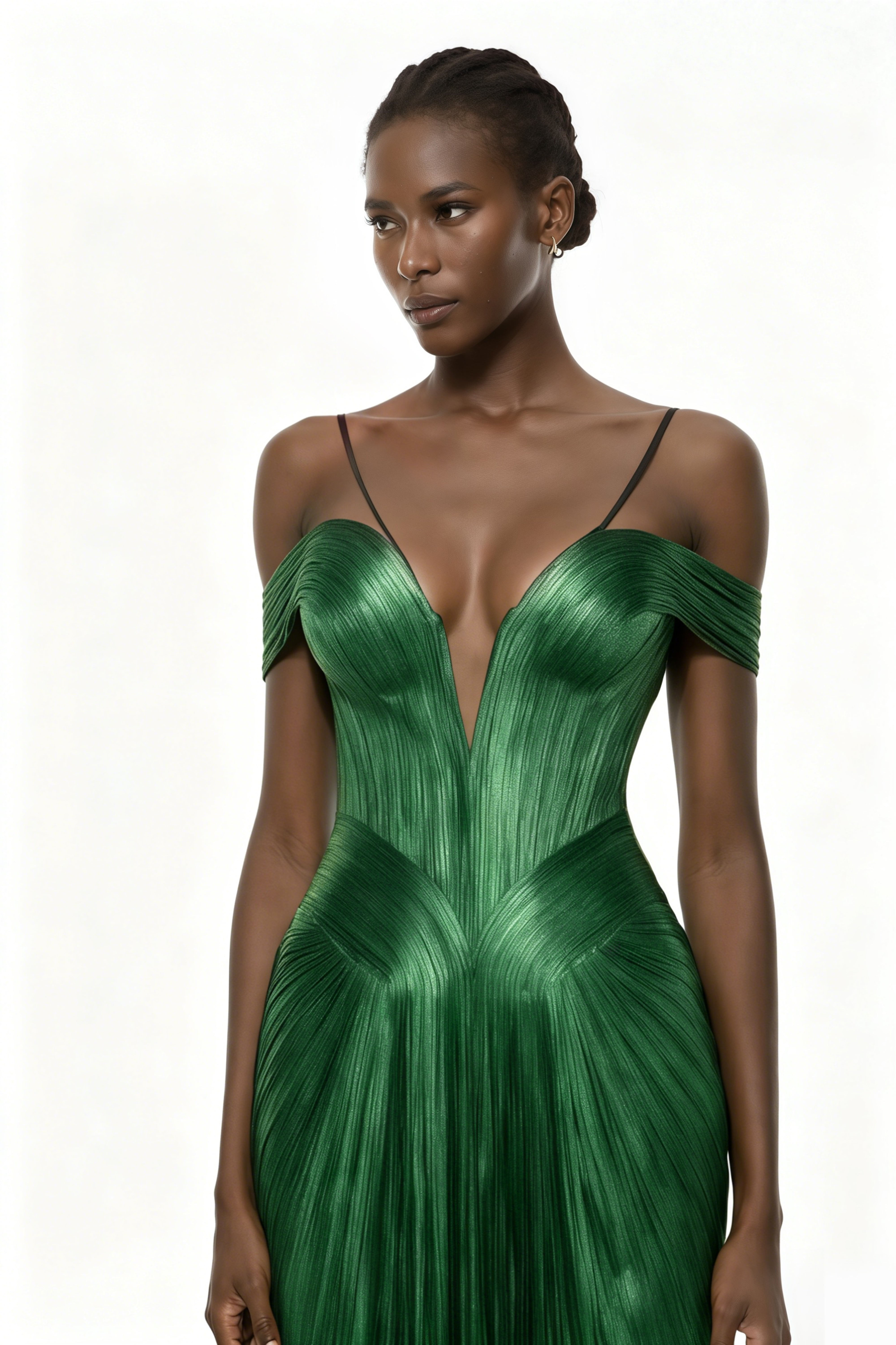Emerald green metallic pleated maxi dress featuring a plunging V-neckline with off-the-shoulder straps