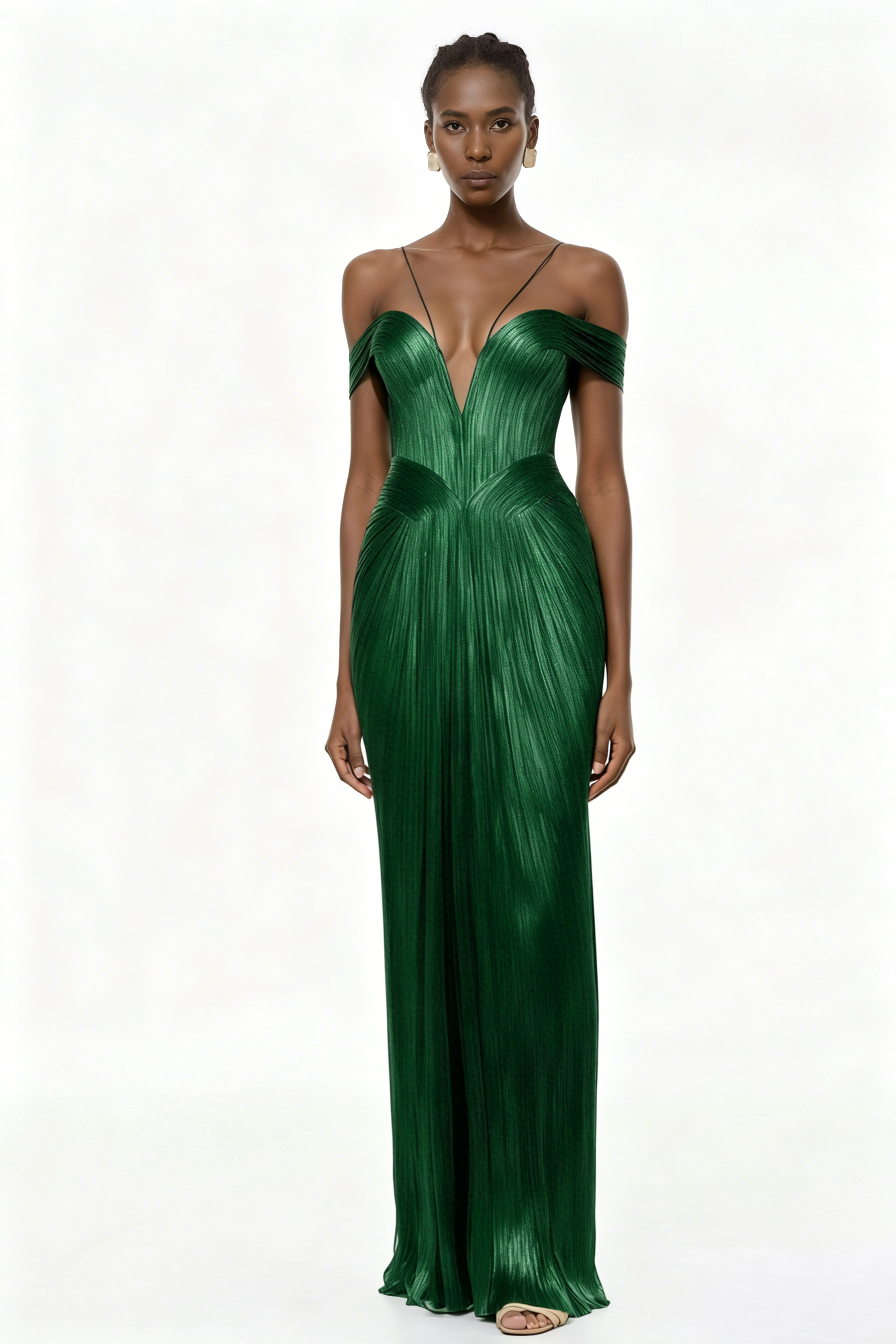 Emerald green metallic pleated maxi dress featuring a plunging V-neckline with off-the-shoulder straps