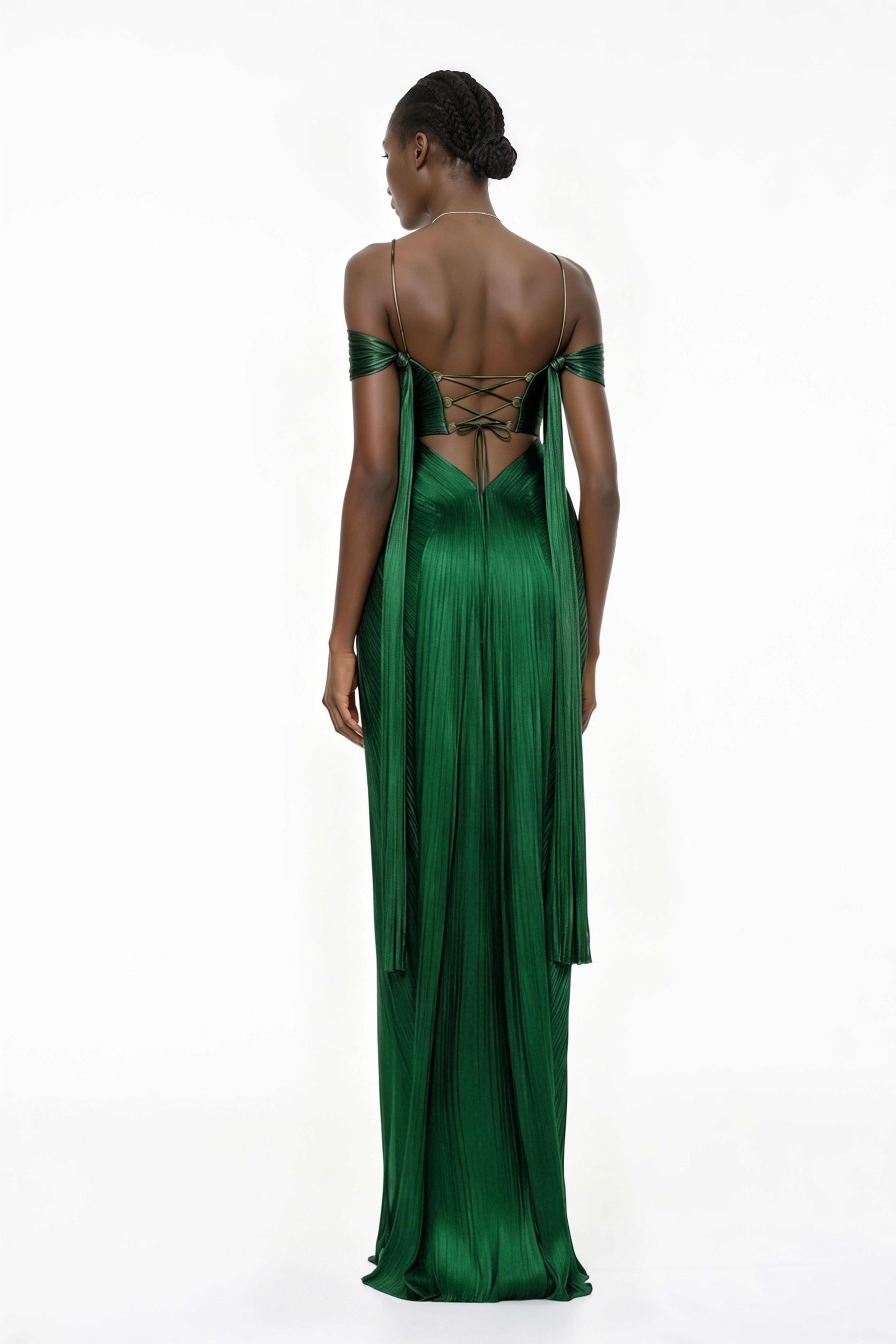Emerald green metallic pleated maxi dress featuring a plunging V-neckline with off-the-shoulder straps