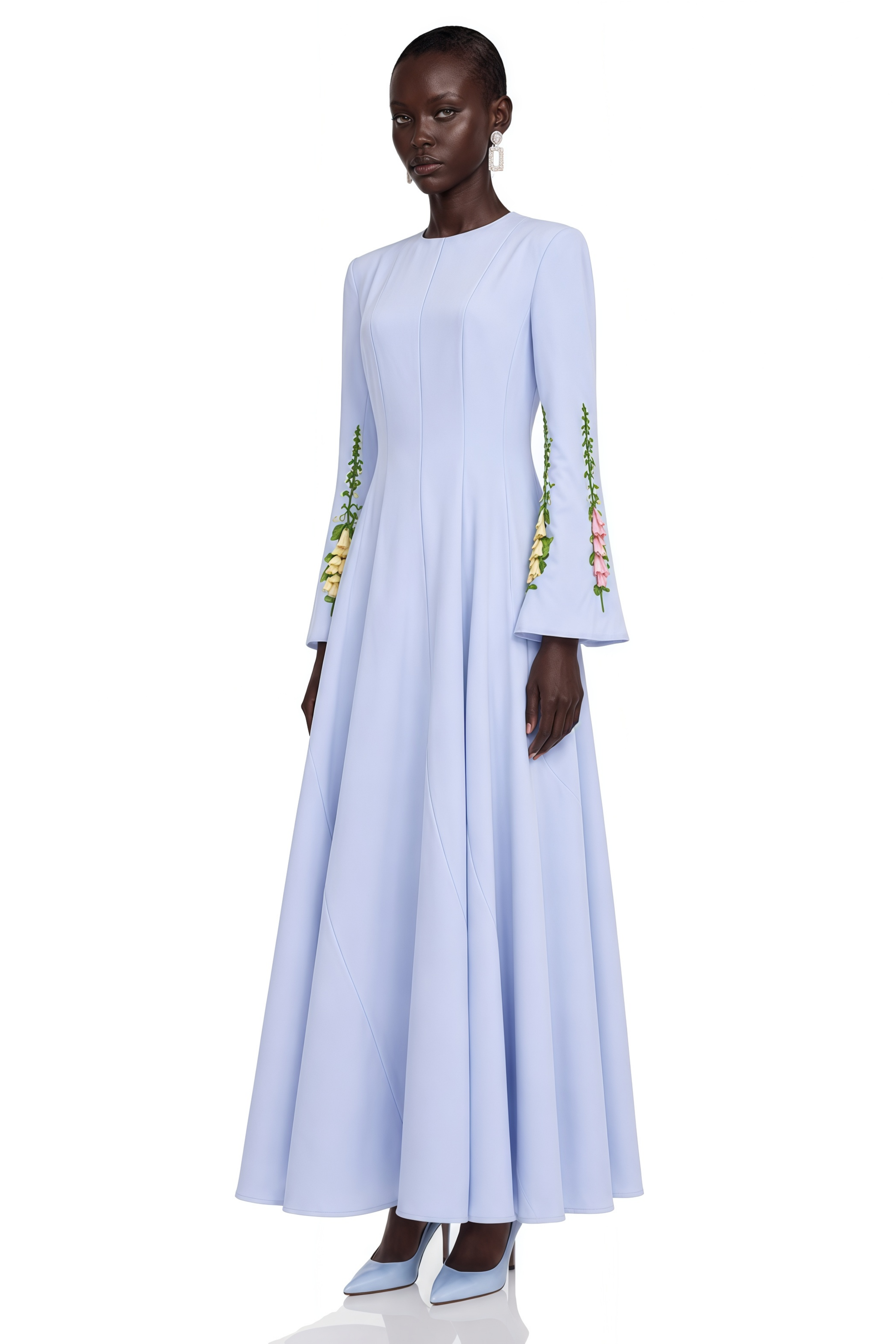 Markéta Blue Pleated Maxi Dress with Floral Appliqué