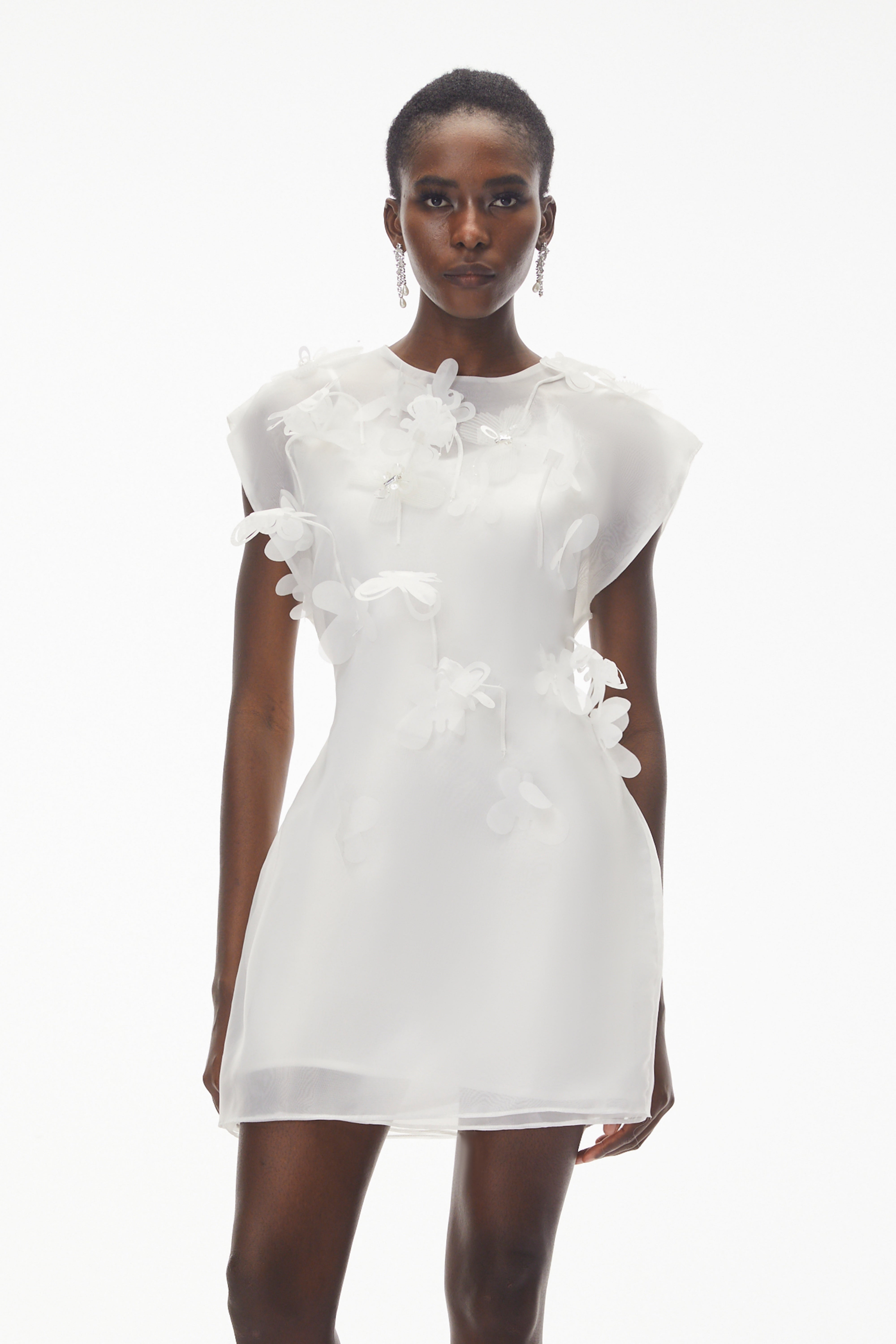 Maryam White Chiffon Mini Dress with 3D Petals (Final Sale-US Only)