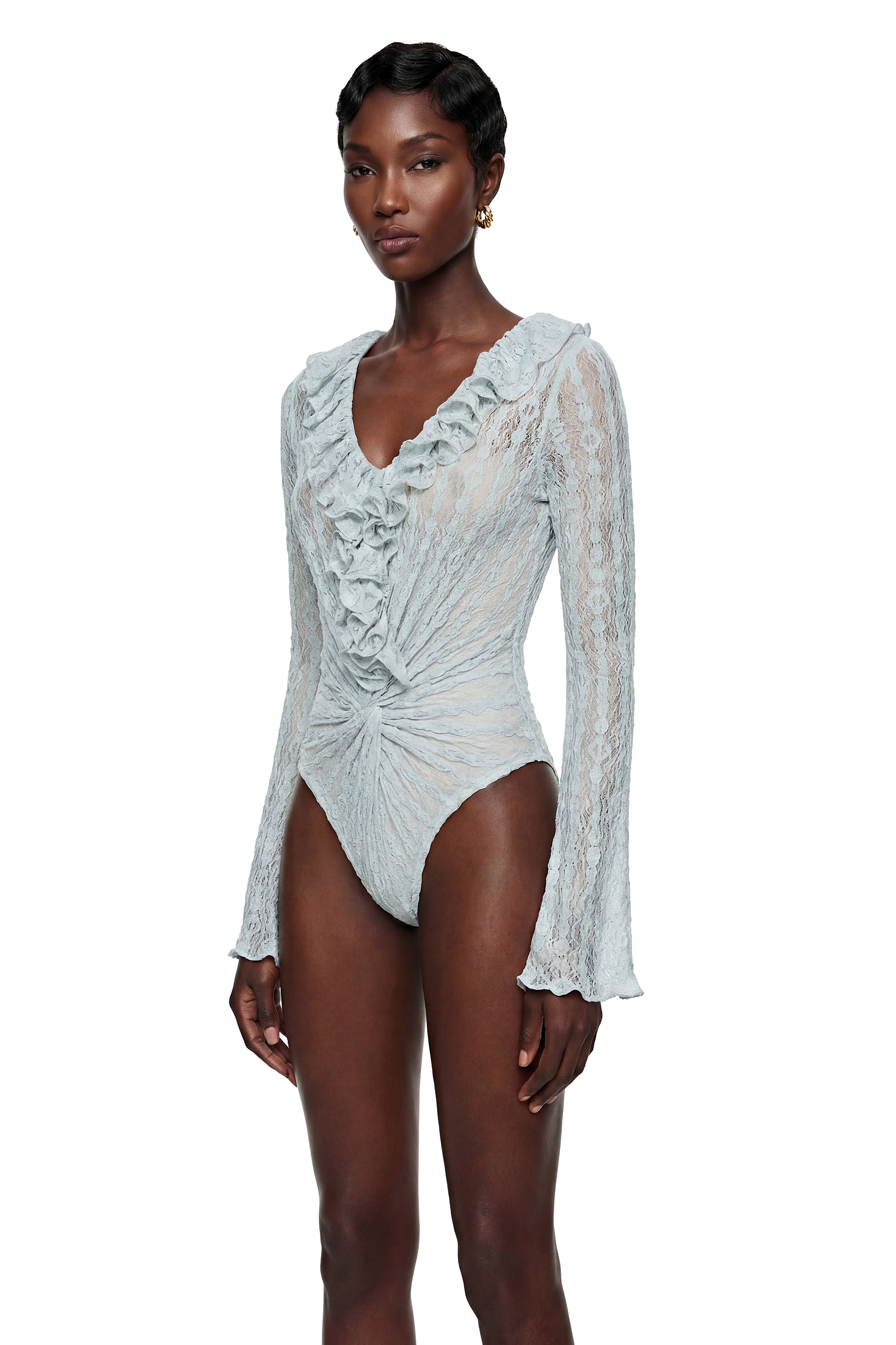 Maryna Blue Semi Sheer Ruffled Lace Bodysuit