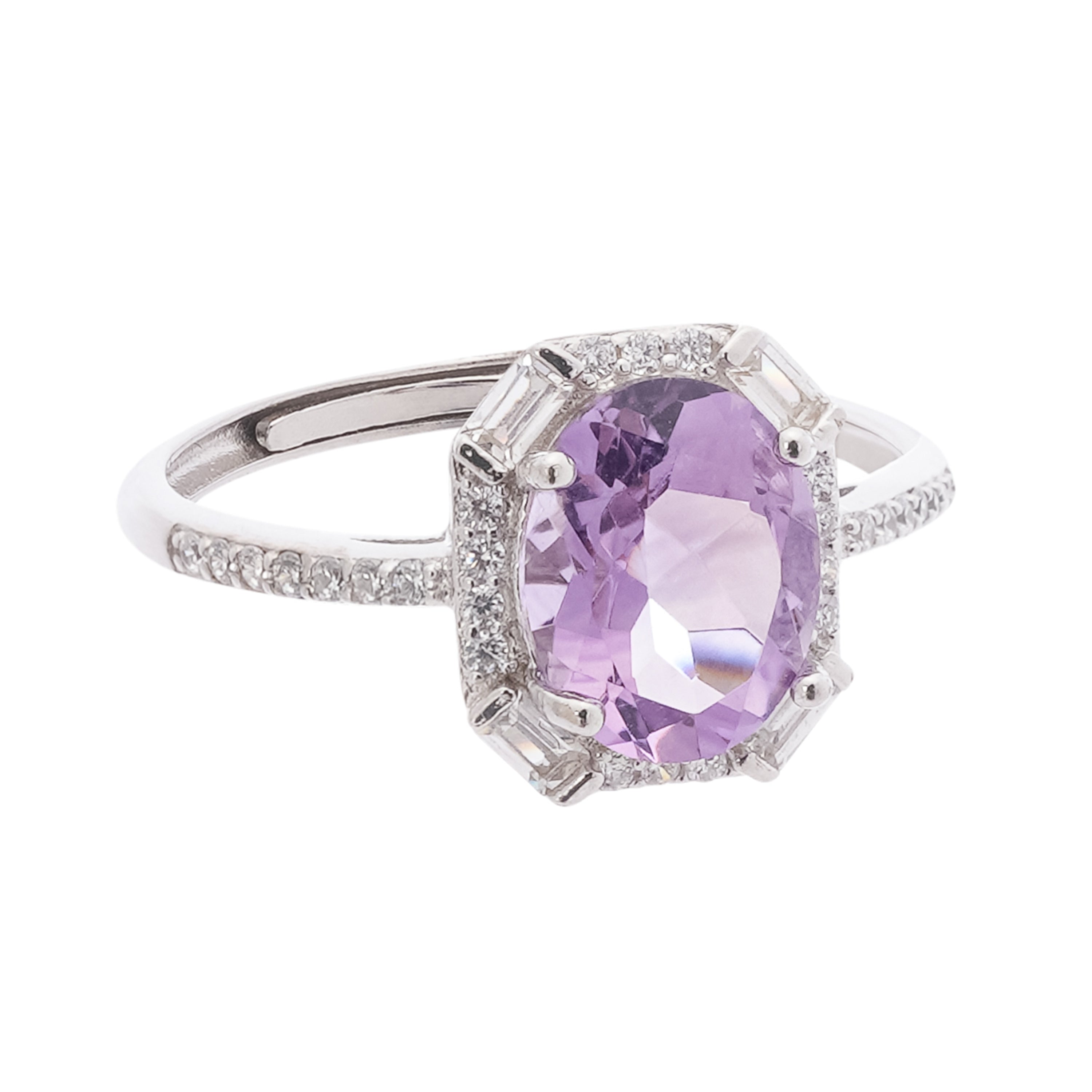 Mathilde Violet Amethyst Oval Cut Geometric Halo Sterling Silver Ring