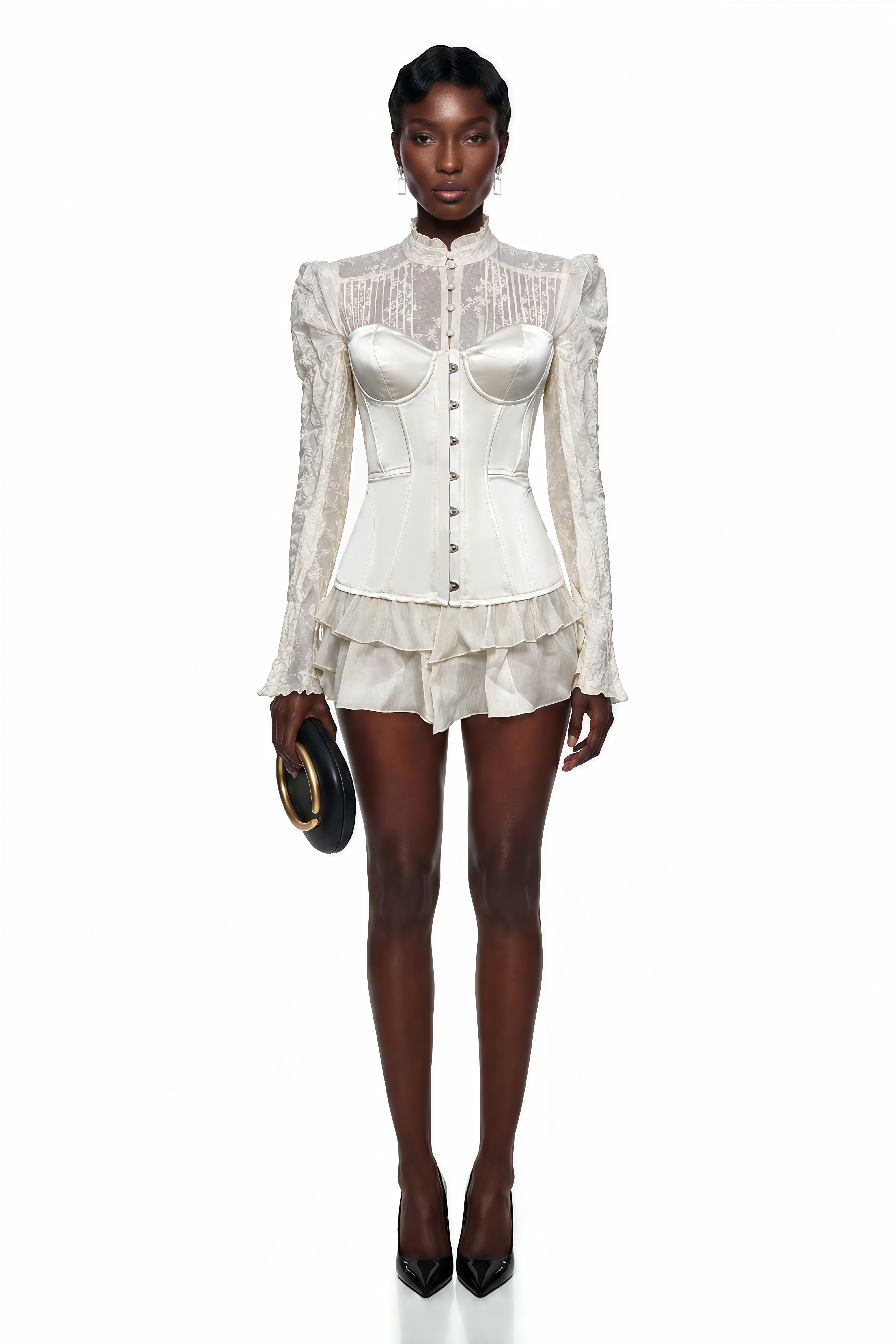 Ivory Satin Corset Mini Dress with Sheer Lace Sleeves and High Neck
