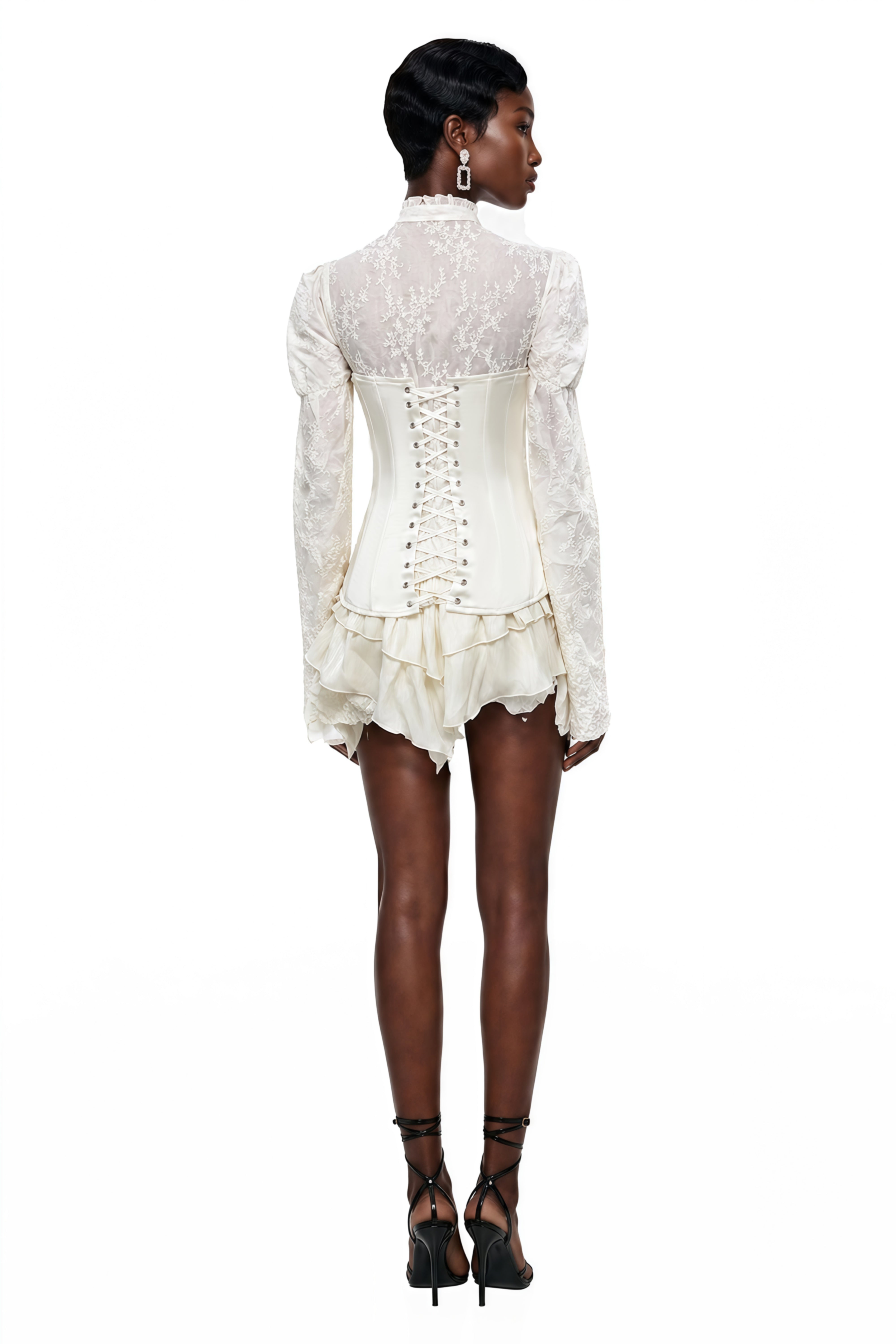 Ivory Satin Corset Mini Dress with Sheer Lace Sleeves and High Neck