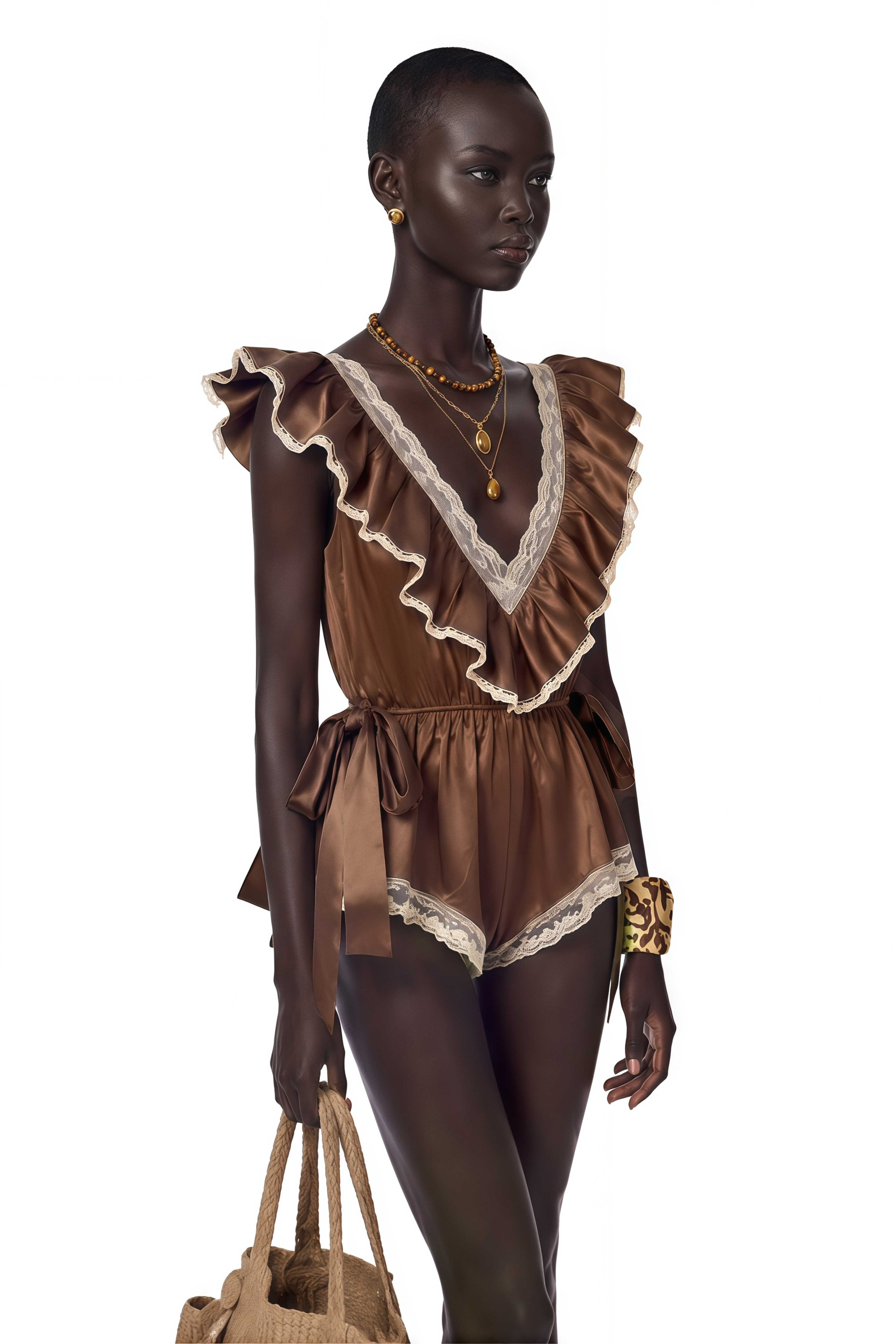 Mazarine Chocolate Brown Satin Jumpsuit with Lace Trim