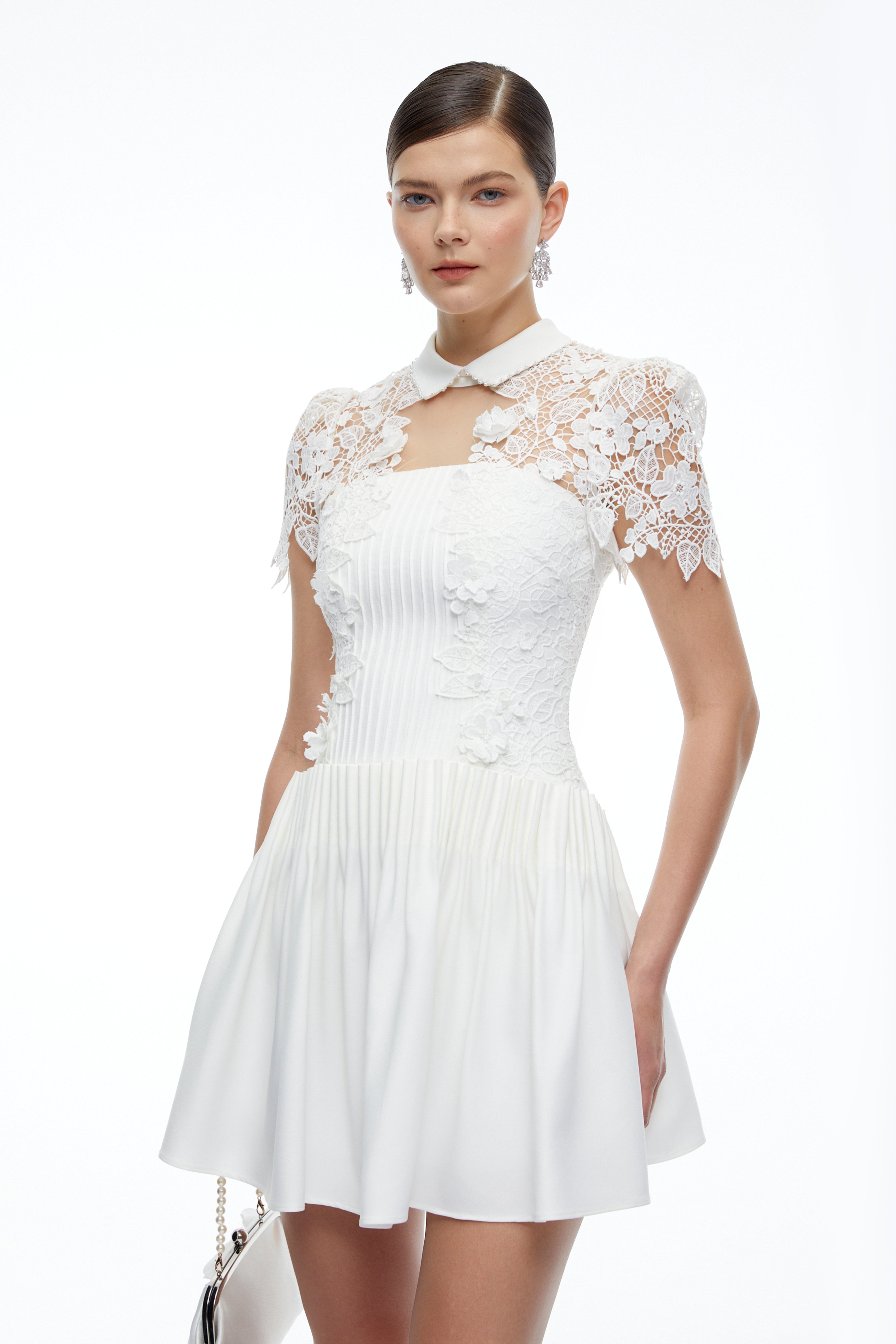 Melusine White Lace Mini Dress with Cape Sleeves