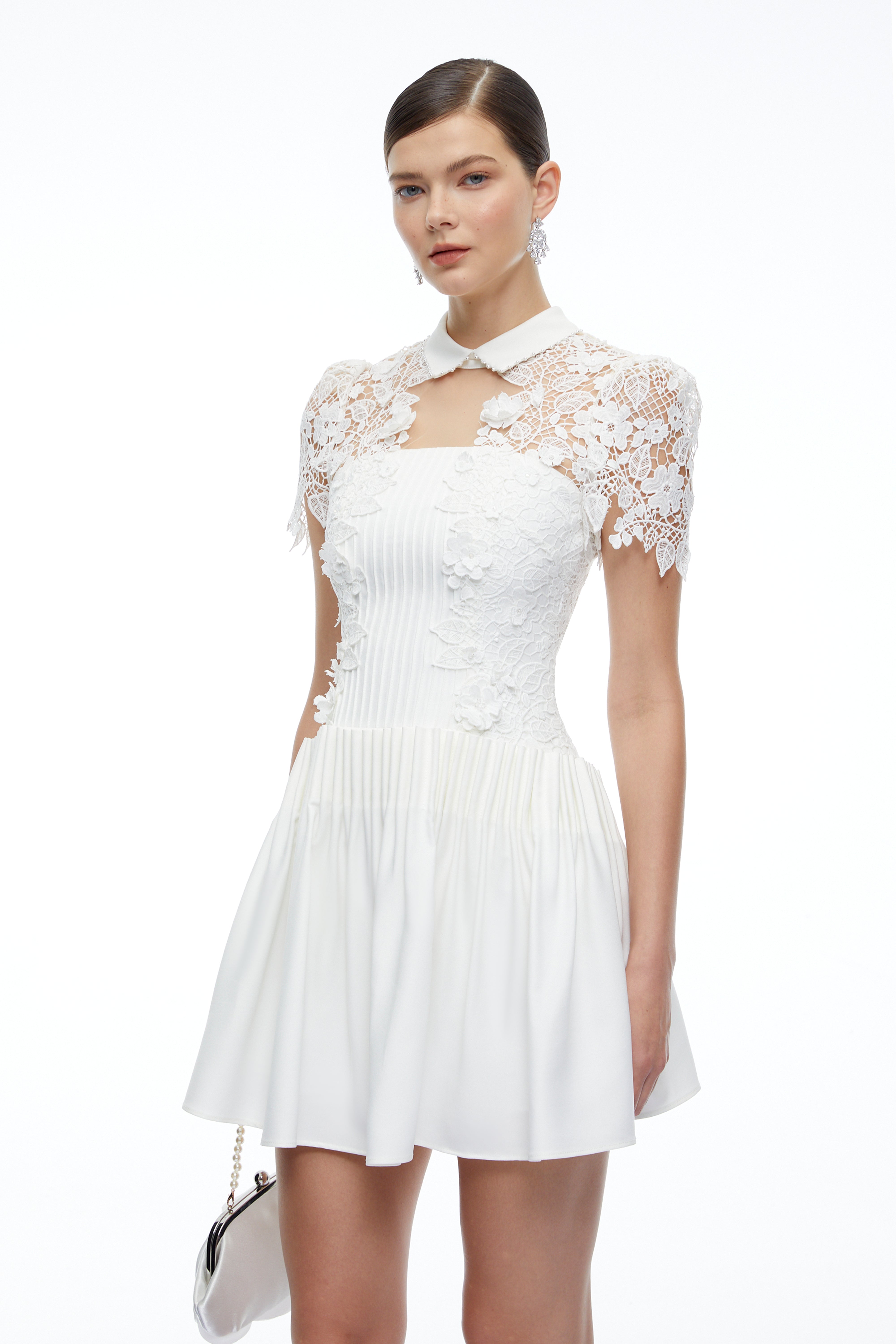 Melusine White Lace Mini Dress with Cape Sleeves