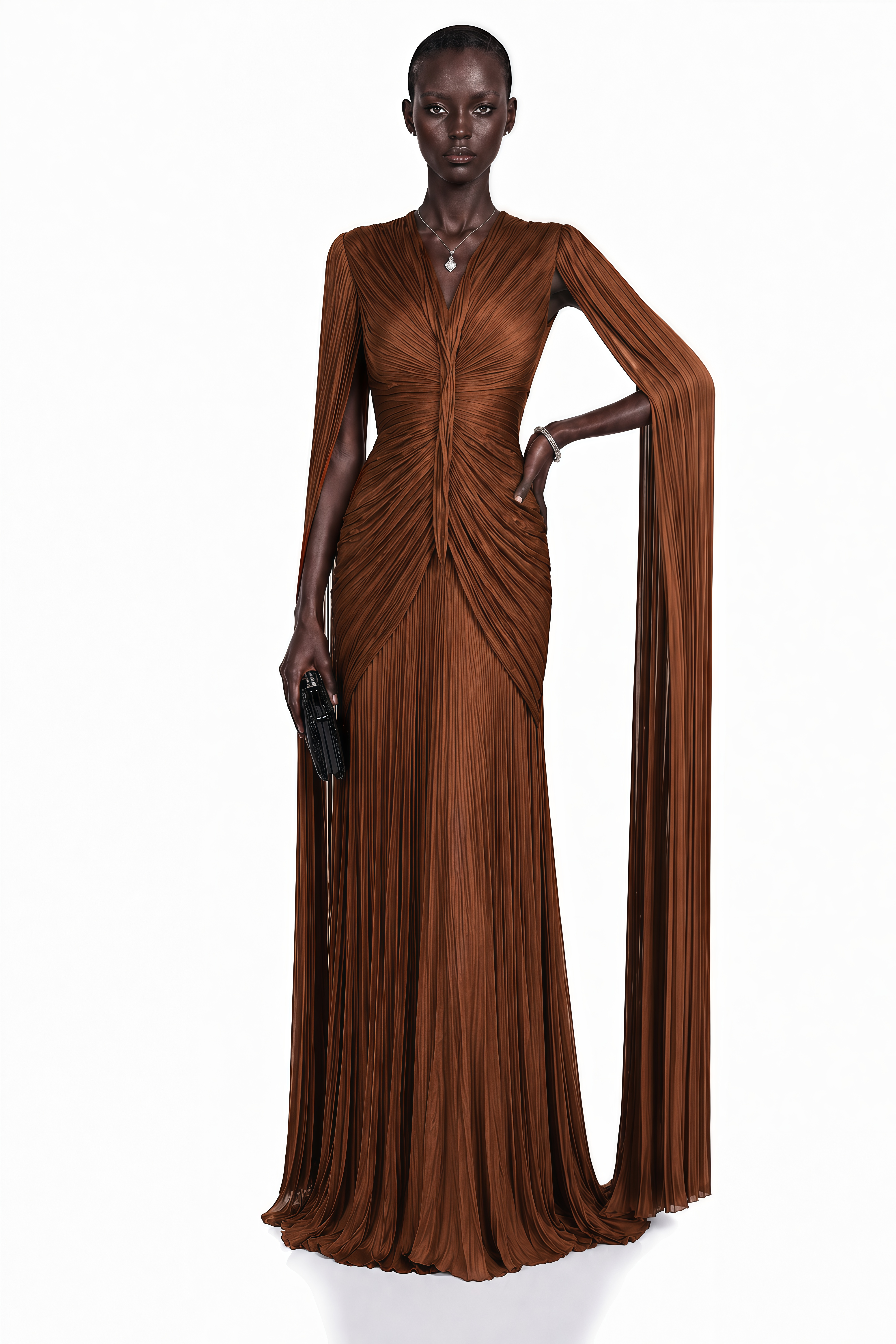 Brown plissé maxi dress with a ruched bodice, V-neckline, and floor-length cape sleeves