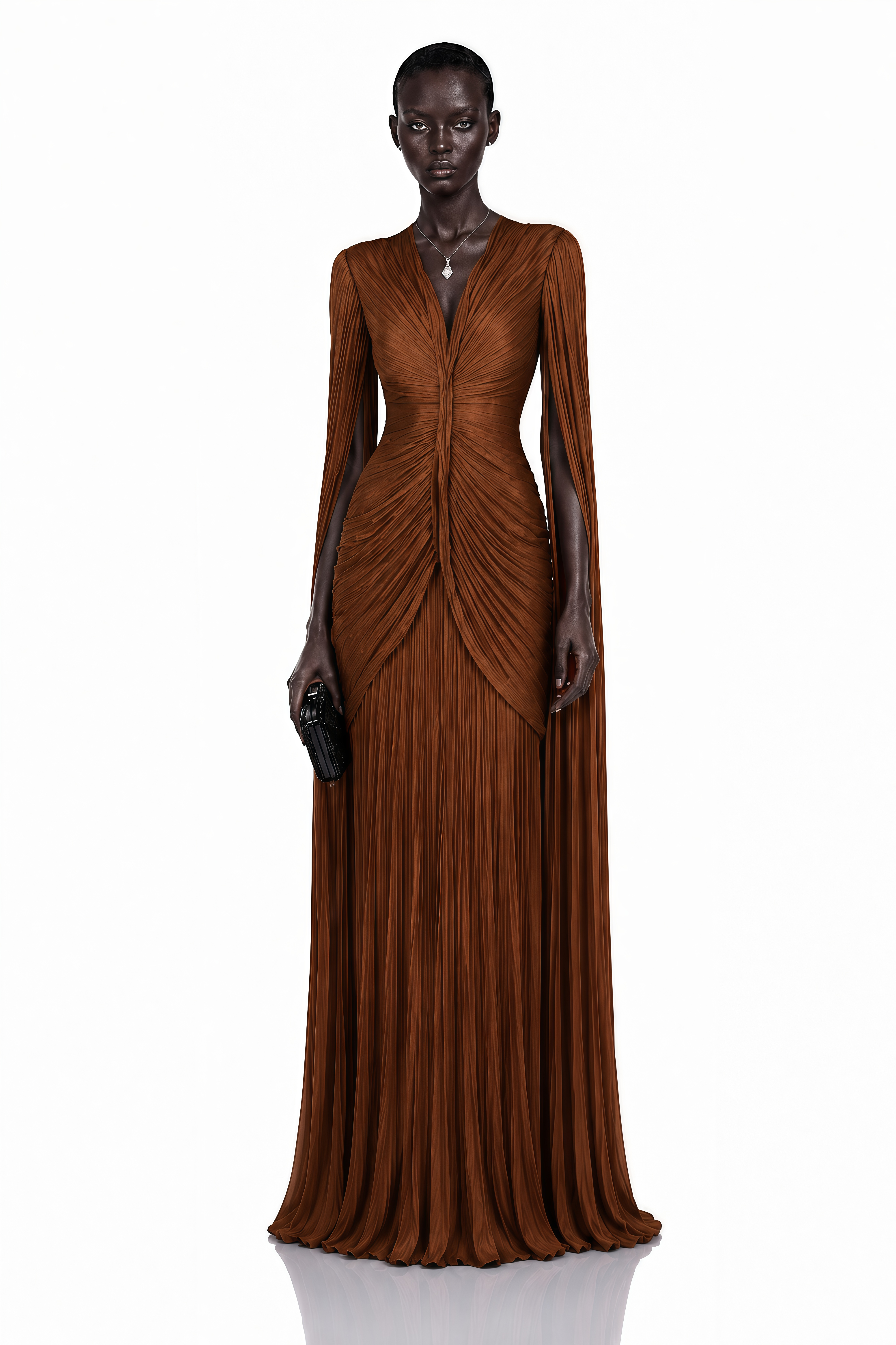 Brown plissé maxi dress with a ruched bodice, V-neckline, and floor-length cape sleeves