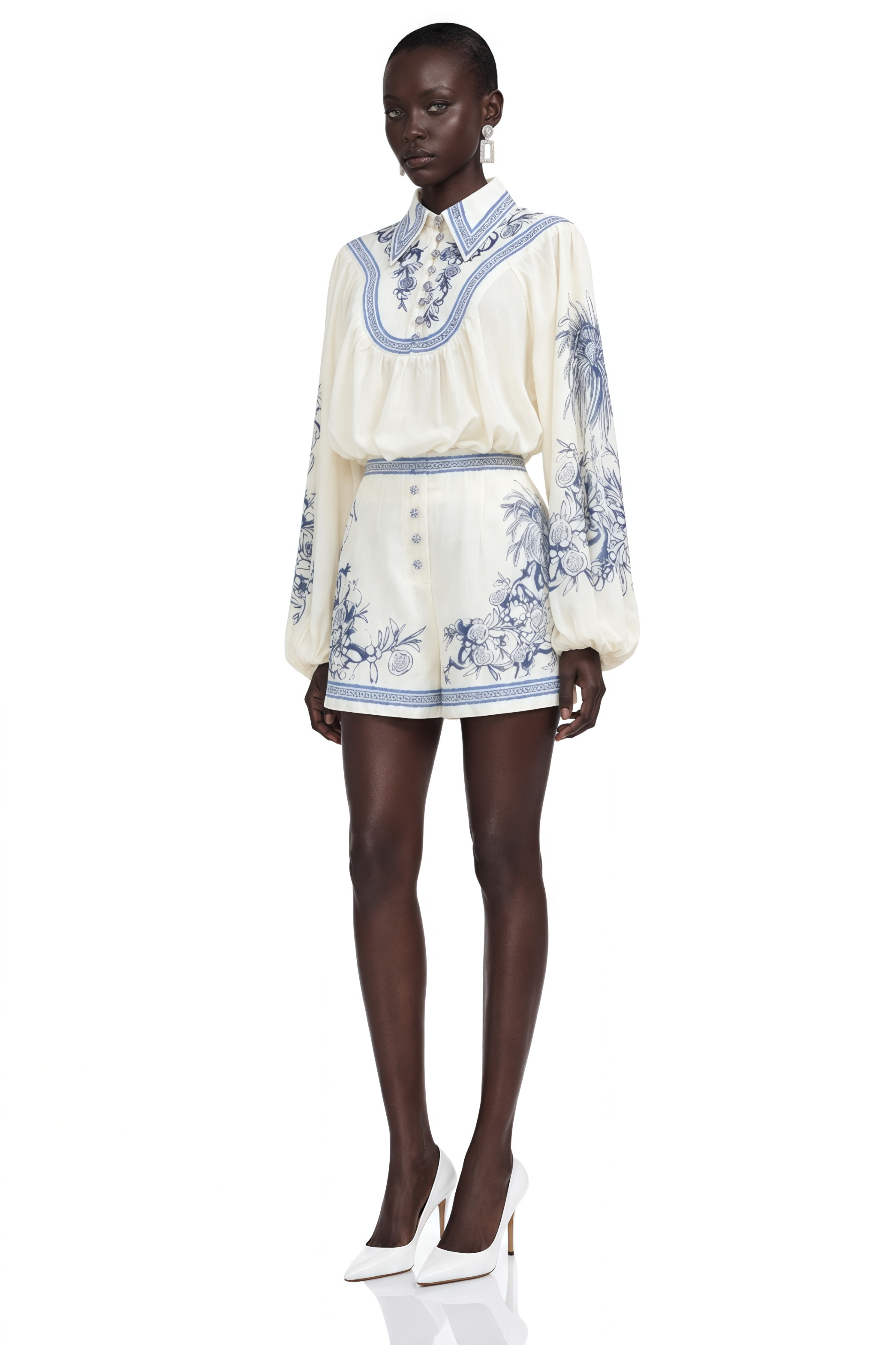 Michaela Blue Porcelain Print Blouse & Shorts Set