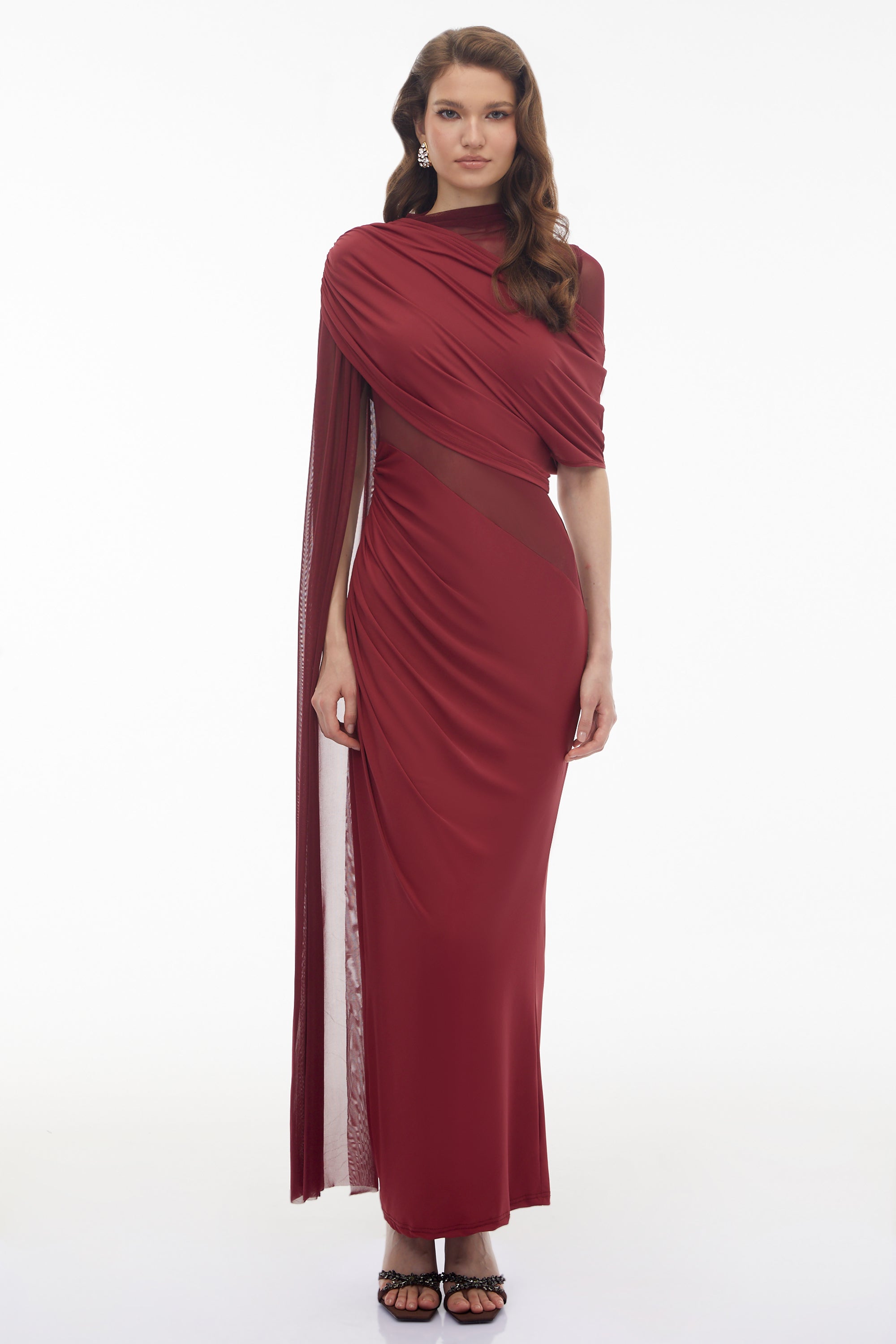 Mioara Red Asymmetrical Draped Cape Design Dress (Final Sale)
