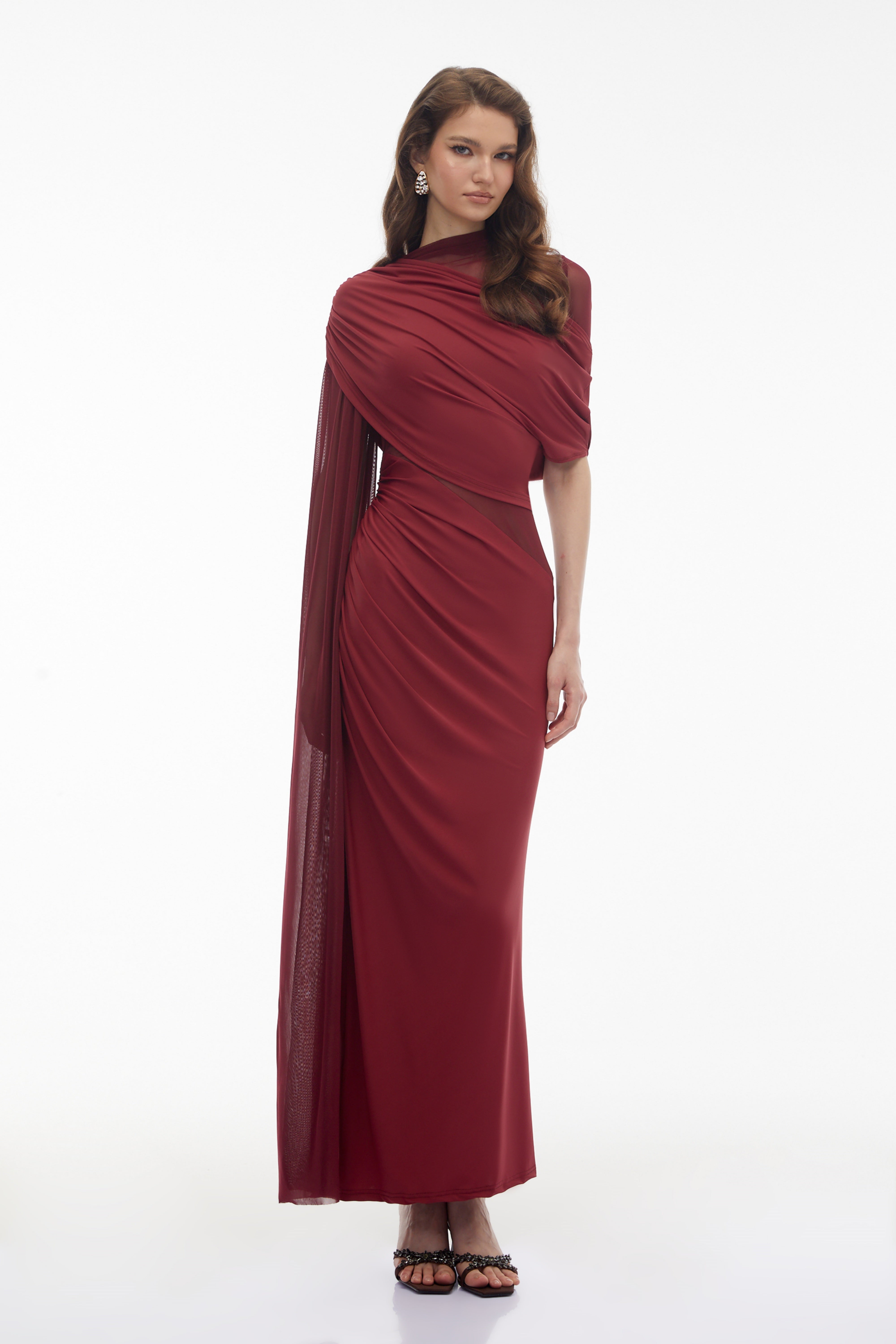 Mioara Red Asymmetrical Draped Cape Design Dress (Final Sale)