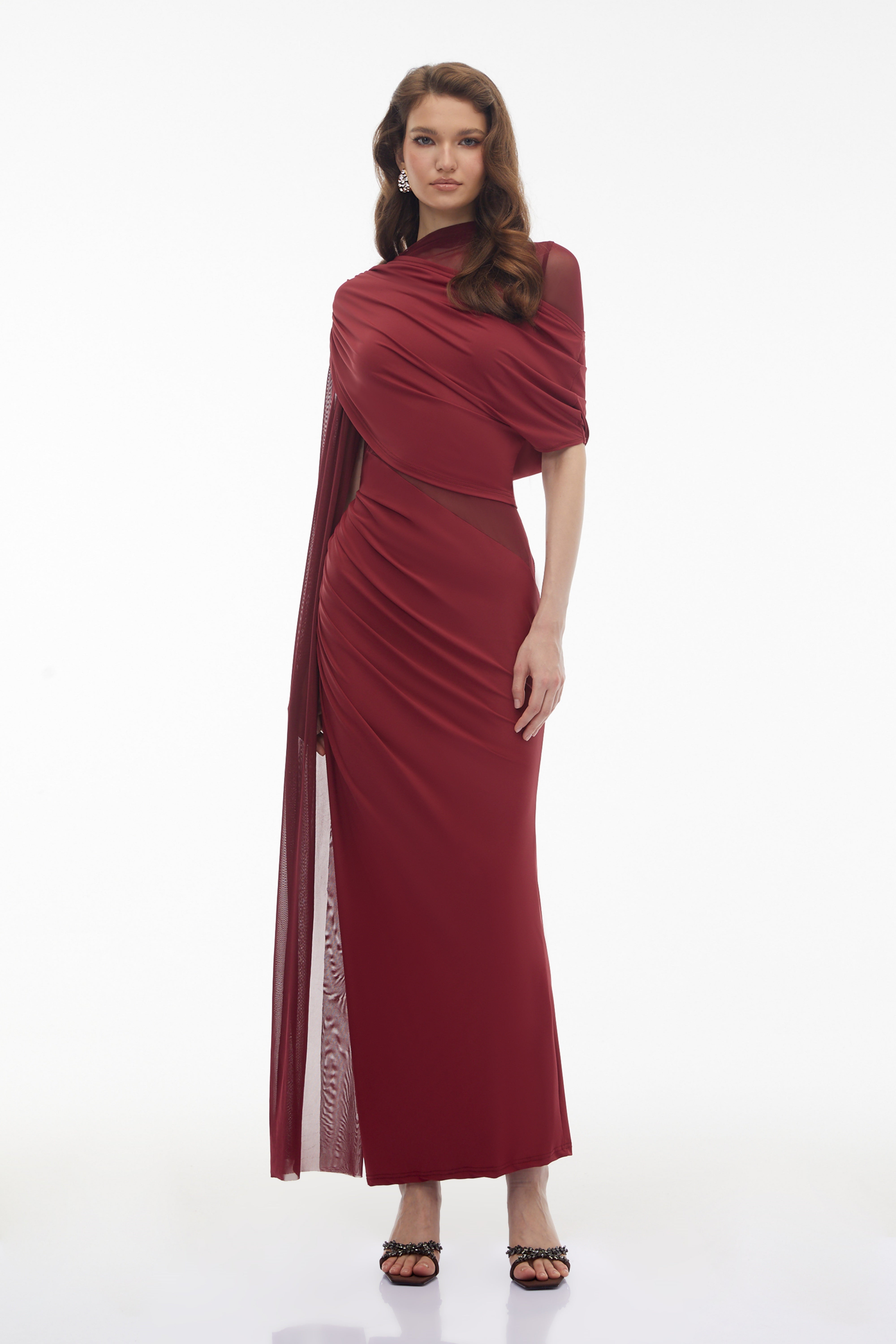 Mioara Red Asymmetrical Draped Cape Design Dress (Final Sale-US Only)