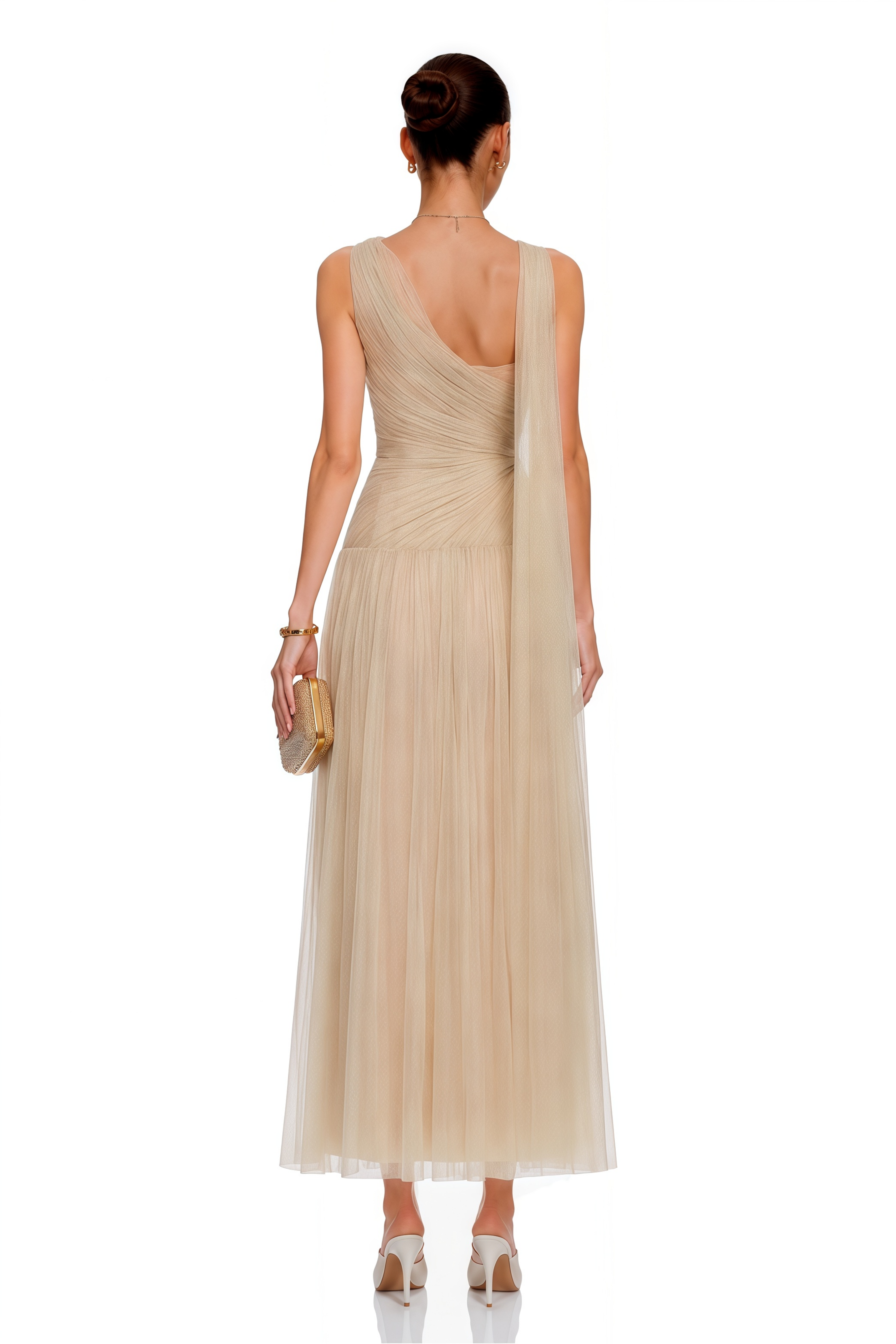 Mireille Champagne Halterneck Pleated Maxi Dress