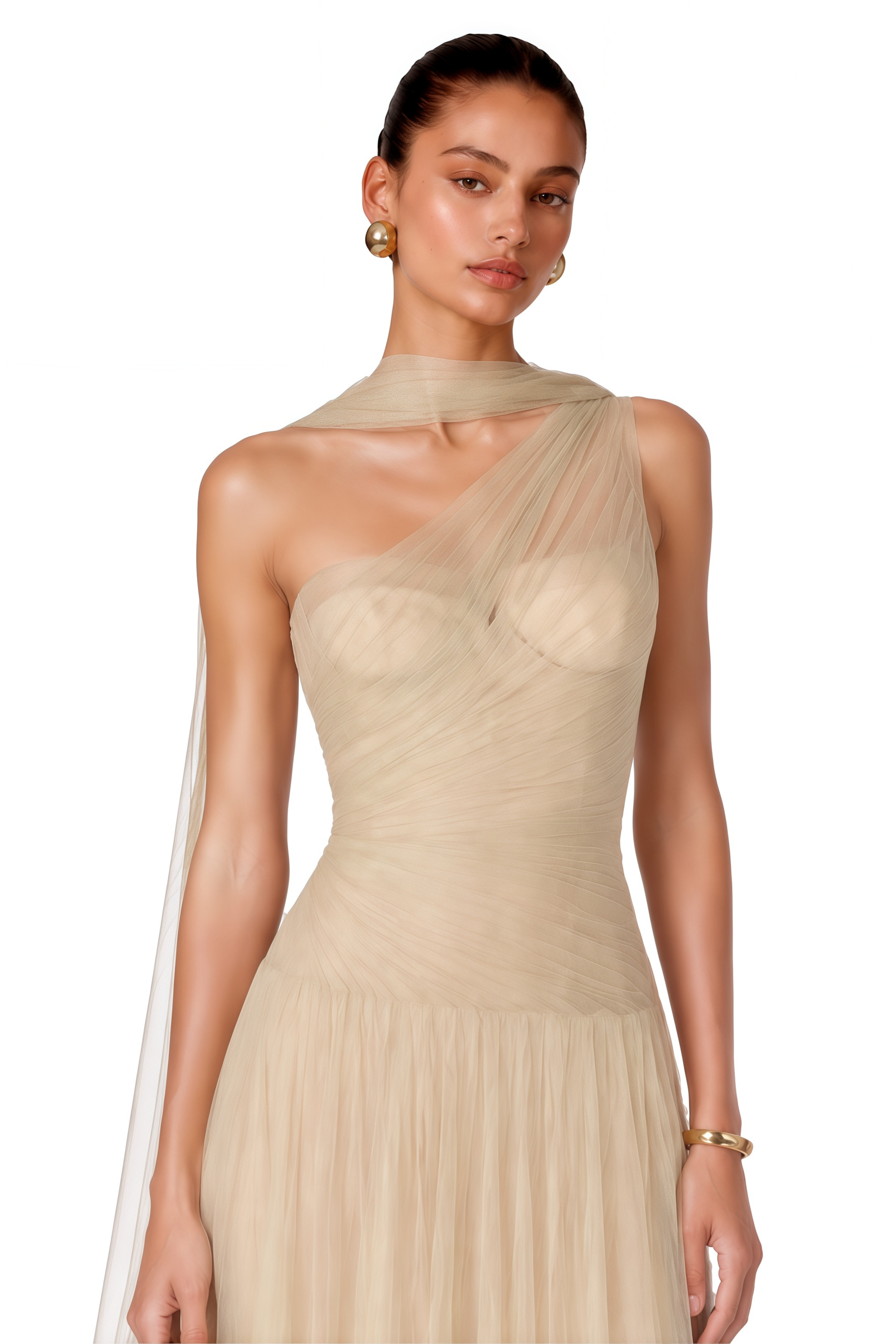 Mireille Champagne Halterneck Pleated Maxi Dress