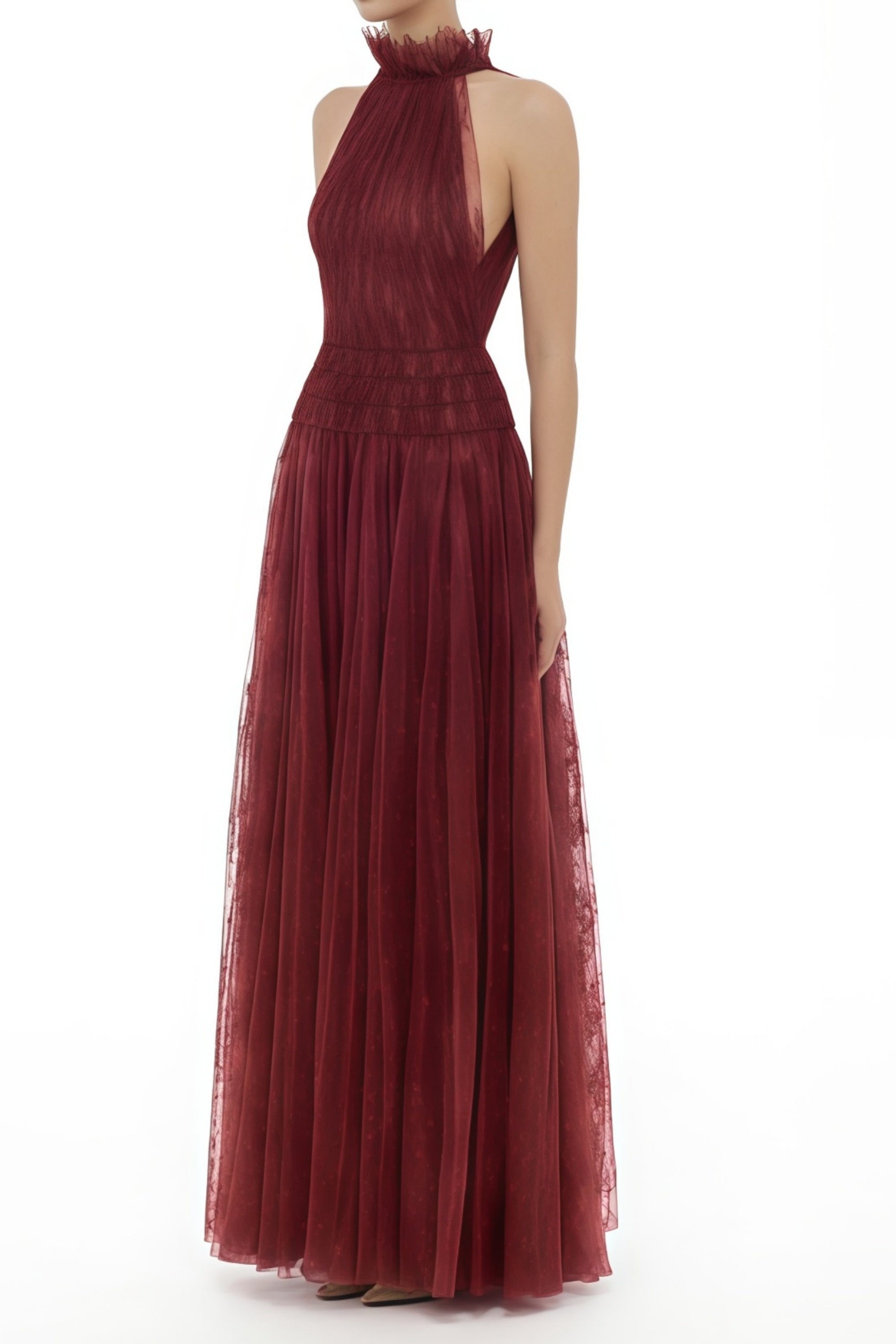 Robe longue en dentelle smockée bordeaux