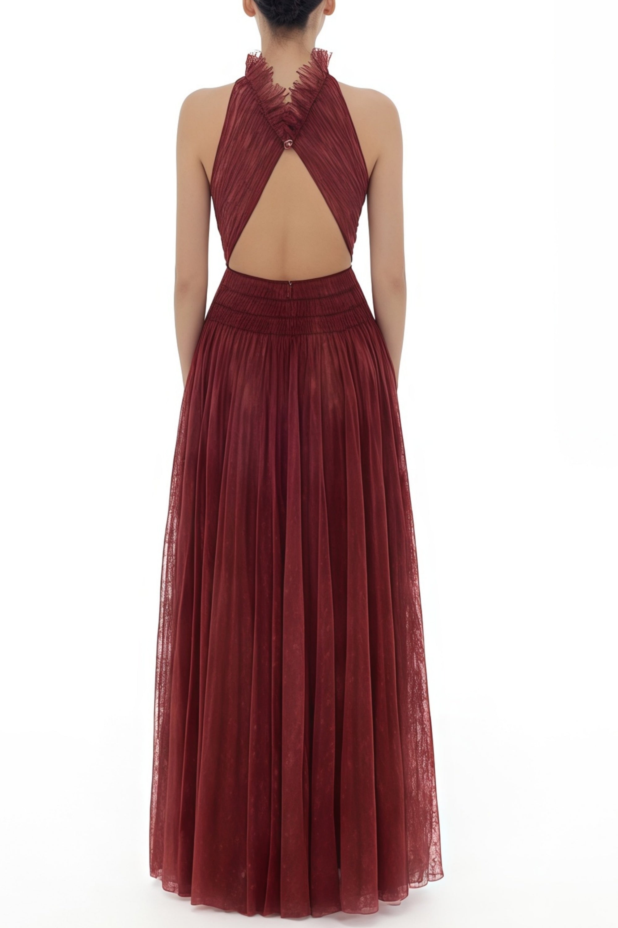 Burgundy Smocked Lace Maxi Dress
