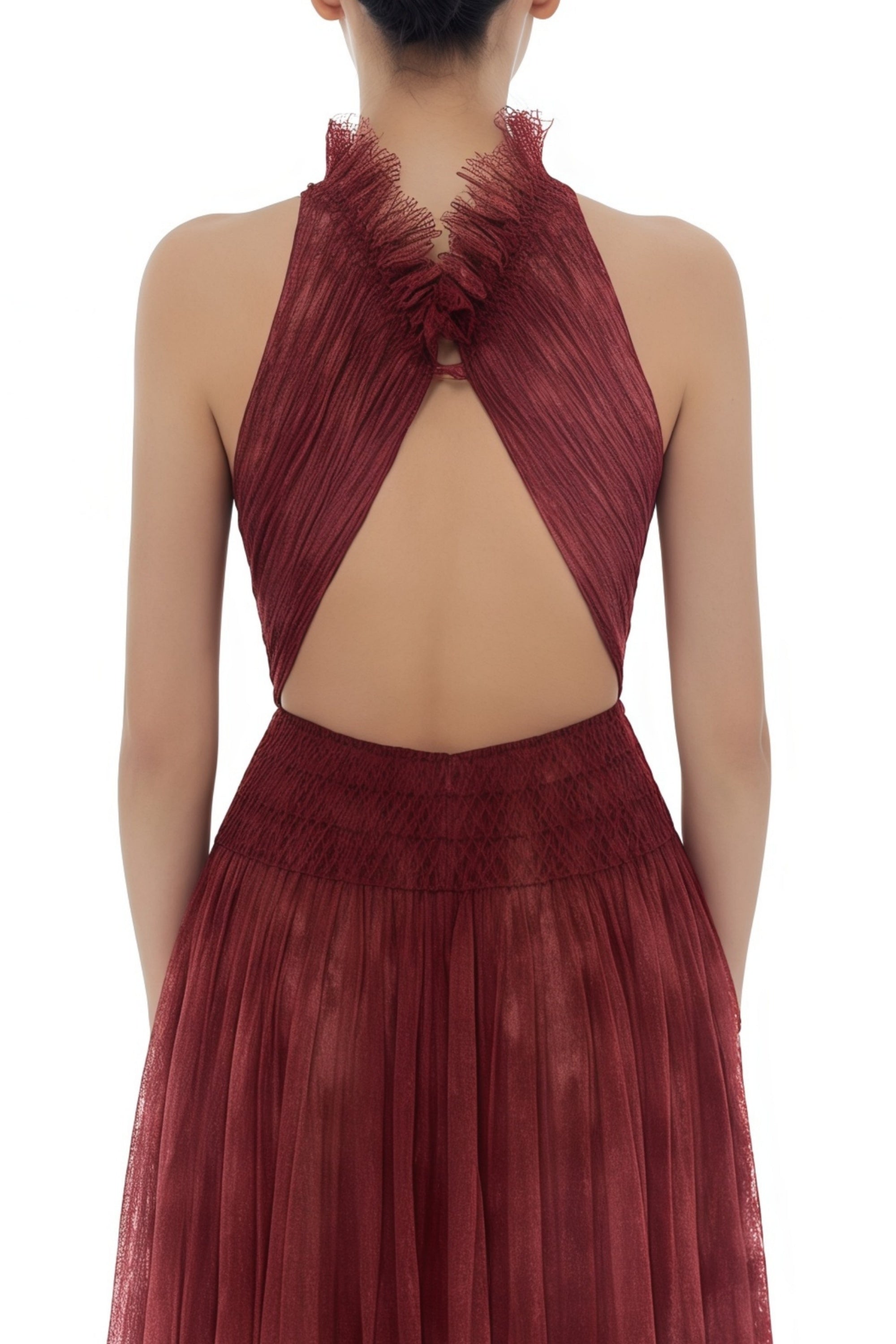 Robe longue en dentelle smockée bordeaux