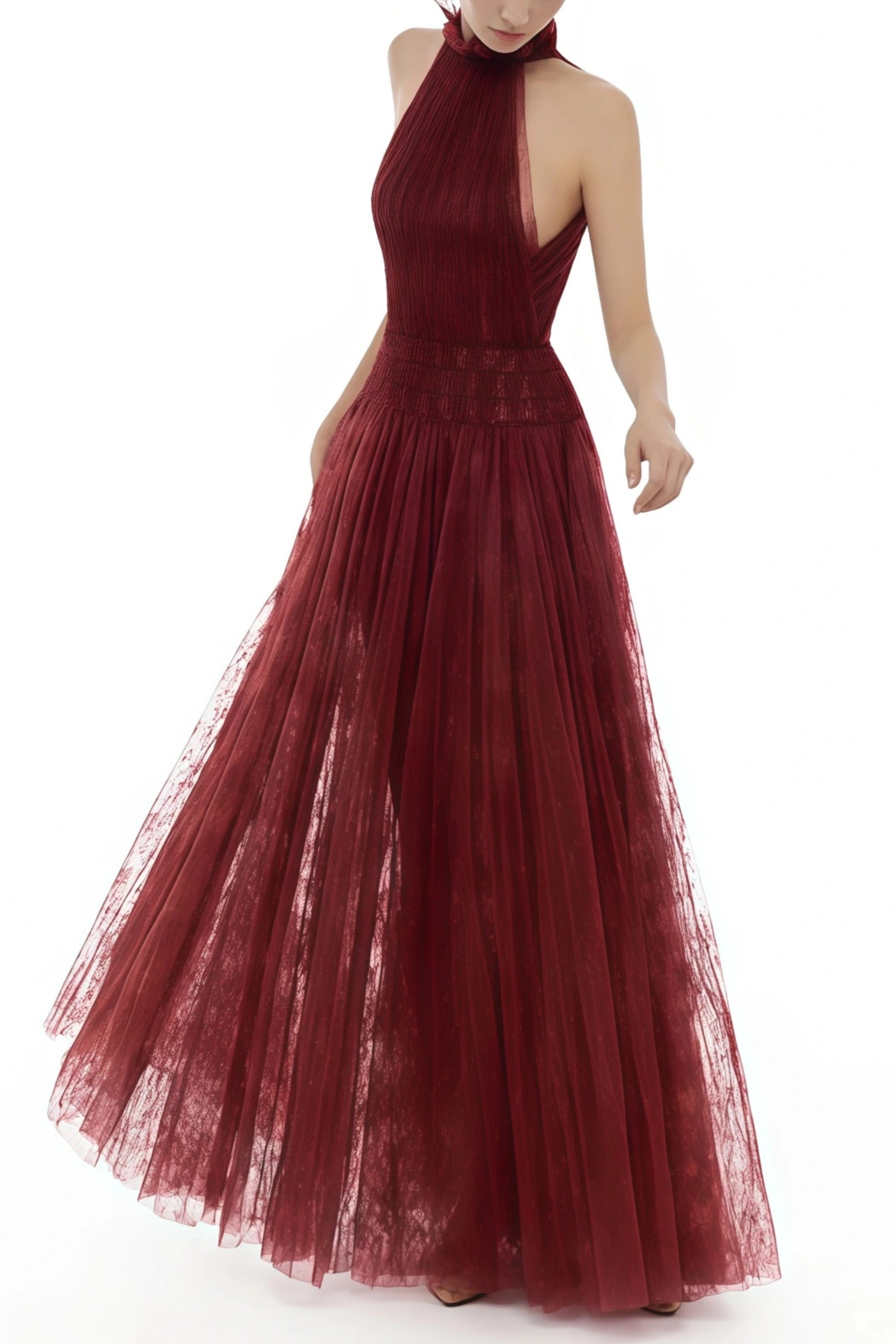 Burgundy Smocked Lace Maxi Dress