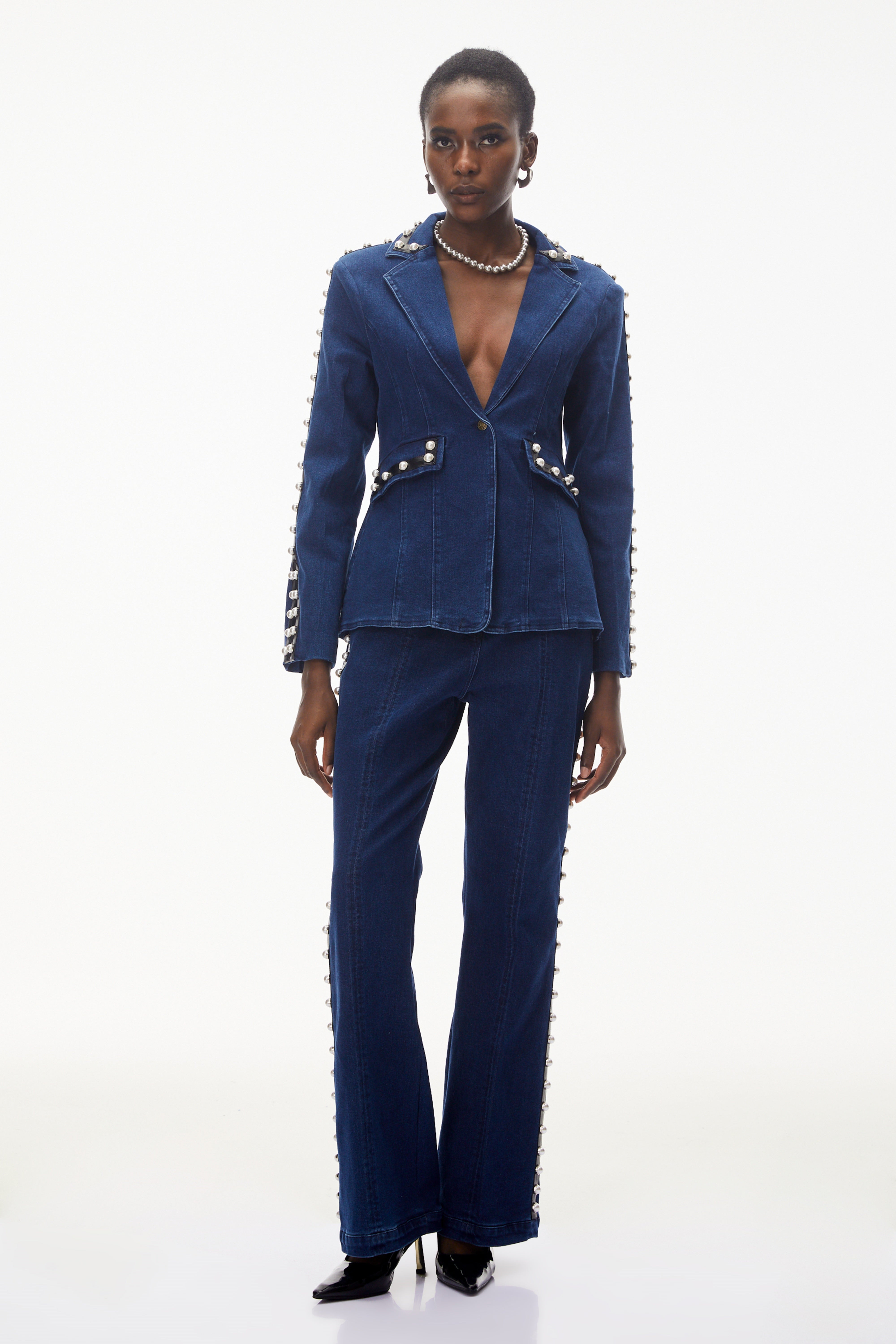 Morgause Blue Embellished Denim Jacket & Trouser Set (Final Sale)